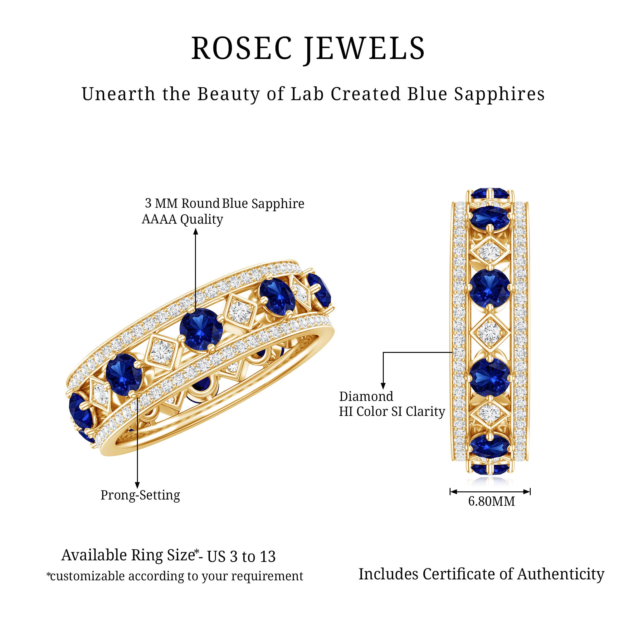 Lab Created Blue Sapphire and Diamond Full Eternity Band Ring AAAA - Rosec Jewels