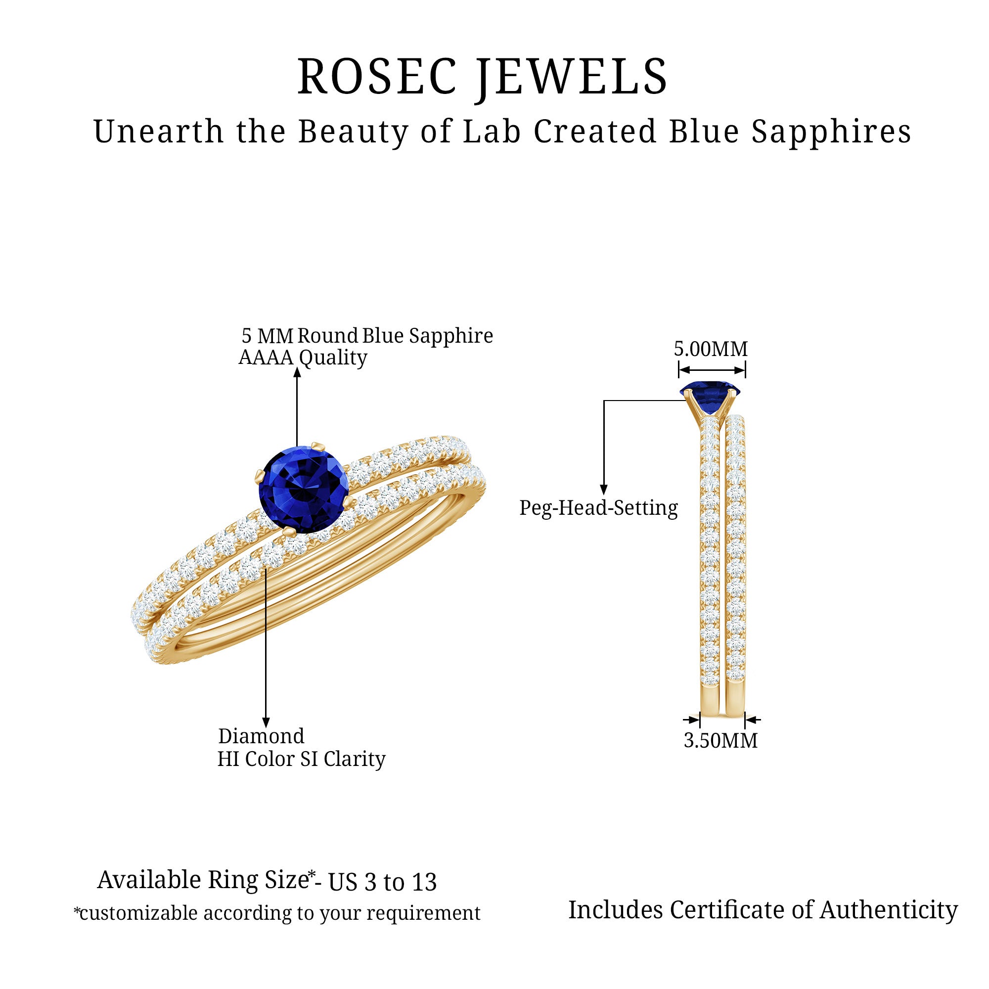 Certified 0.6 Carat Lab Grown Blue Sapphire Engagement Ring Set with Diamond AAAA - Rosec Jewels