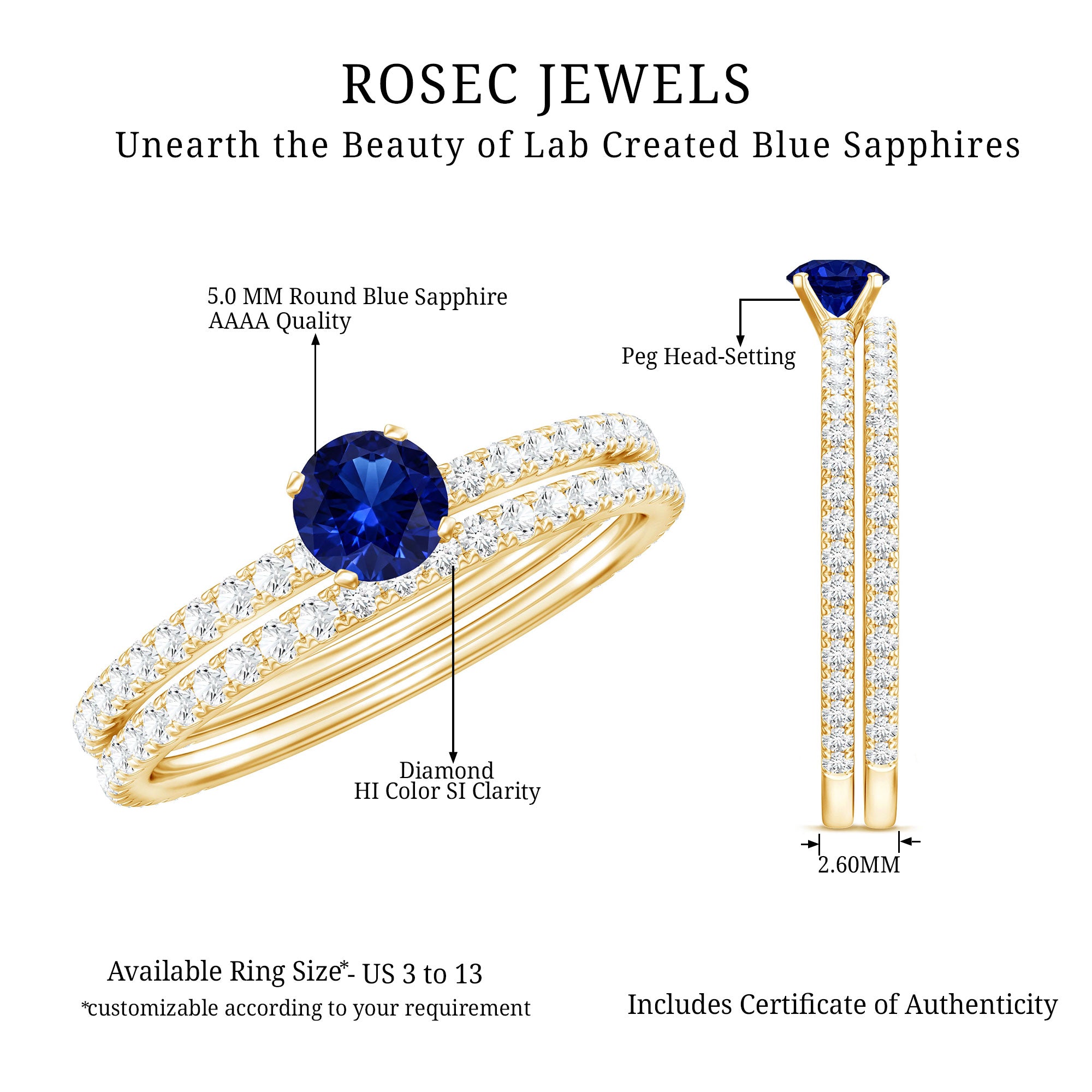 Certified 0.6 Carat Lab Grown Blue Sapphire Engagement Ring Set with Diamond AAAA - Rosec Jewels