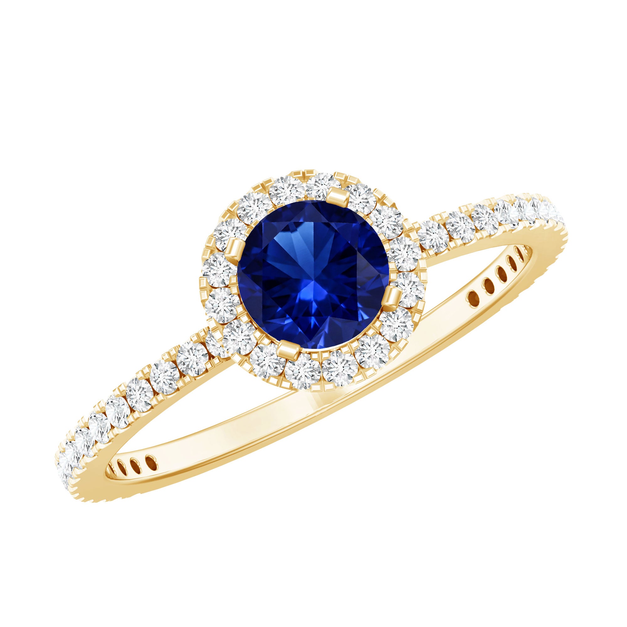 Certified 0.6 Carat Lab Grown Blue Sapphire Engagement Ring with Diamond Halo AAAA - Rosec Jewels