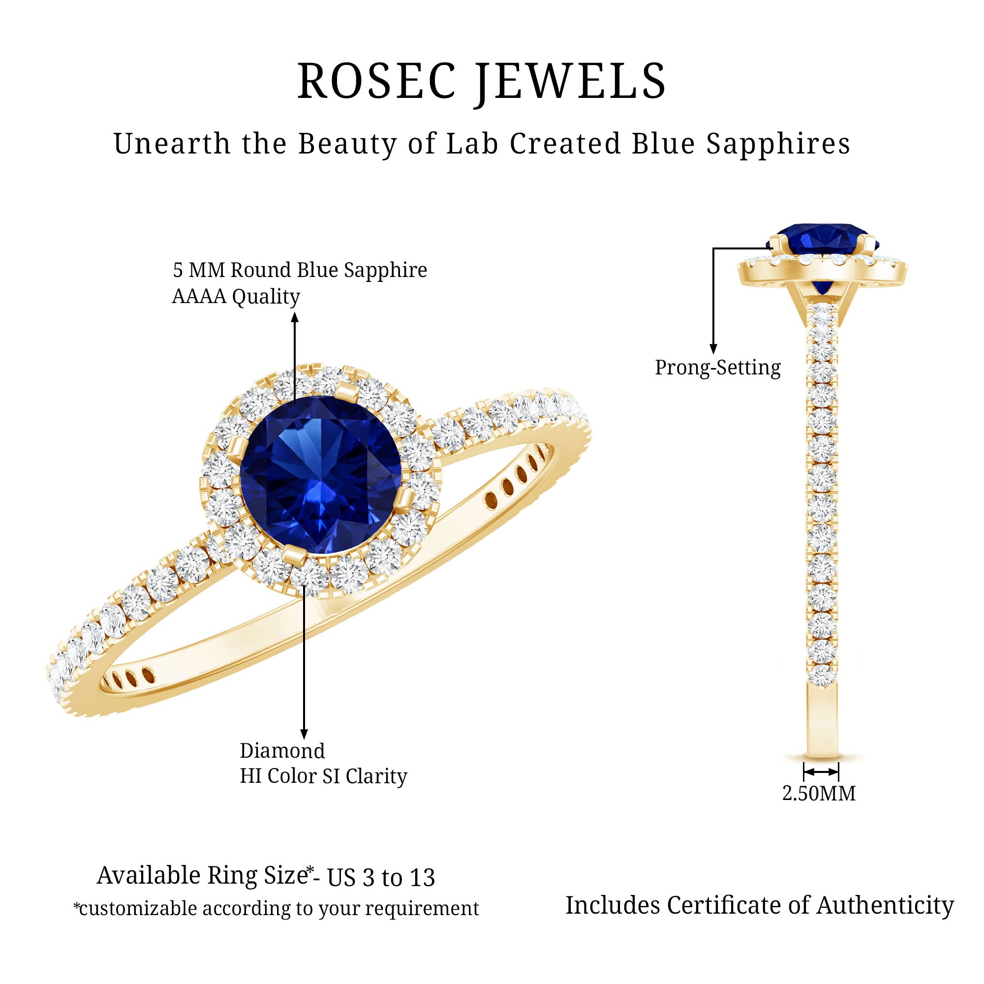 Certified 0.6 Carat Lab Grown Blue Sapphire Engagement Ring with Diamond Halo AAAA - Rosec Jewels