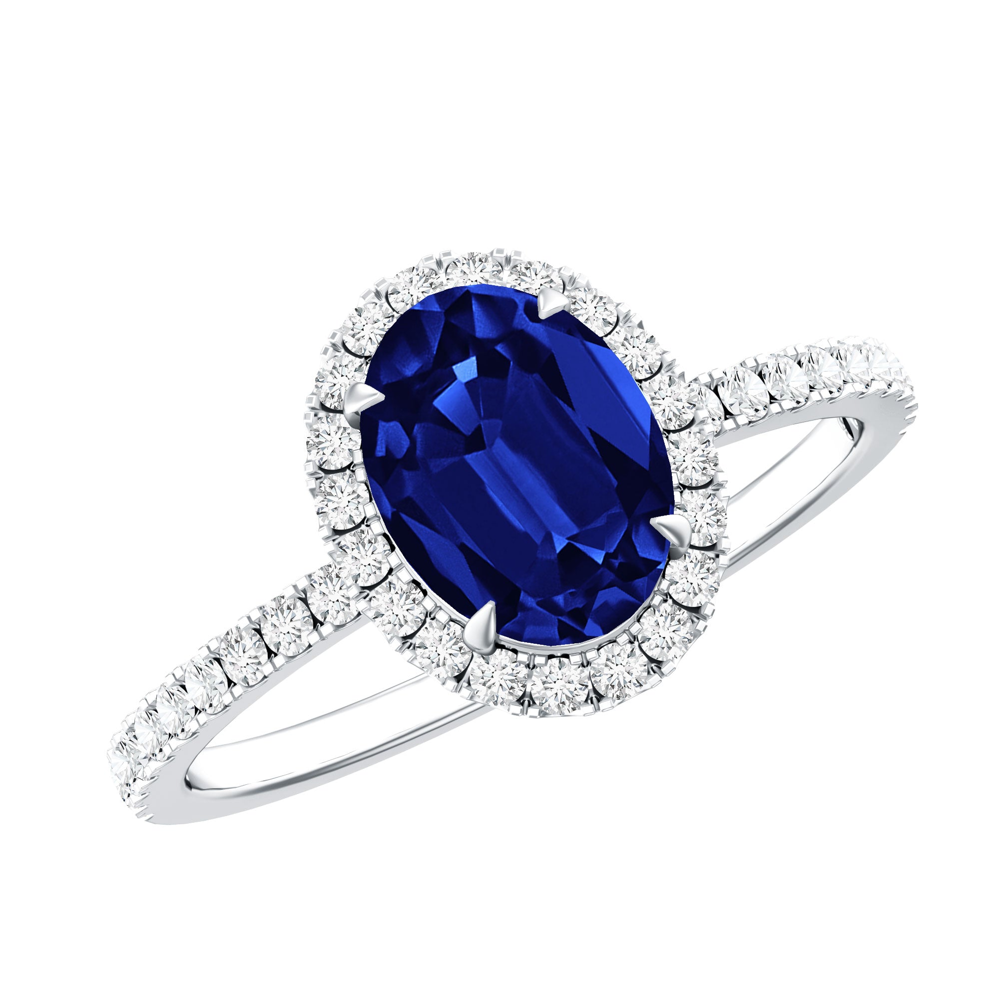 Certified 1.5 Carat Oval Lab Grown Blue Sapphire Engagement Ring with Diamond Halo AAAA - Rosec Jewels