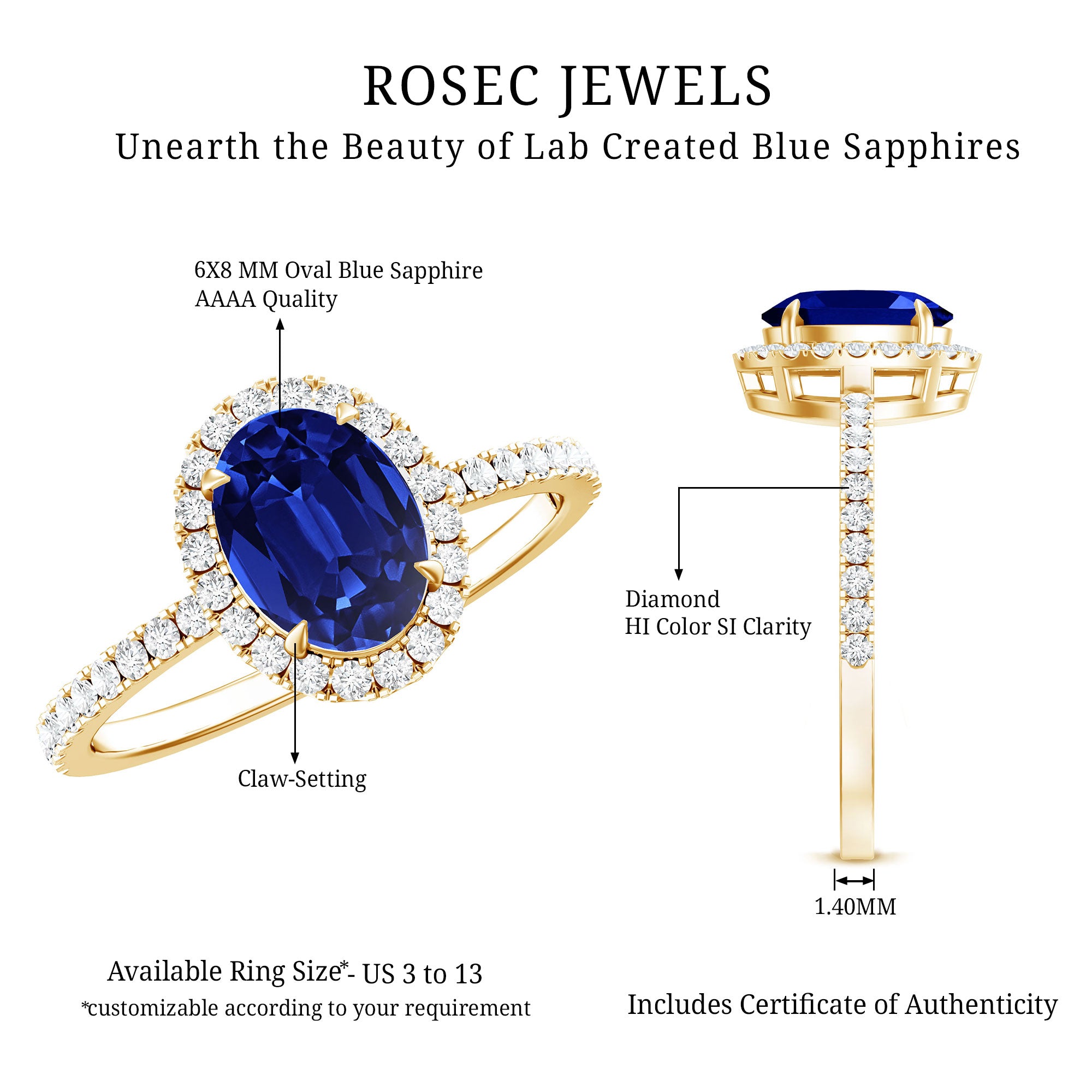 Certified 1.5 Carat Oval Lab Grown Blue Sapphire Engagement Ring with Diamond Halo AAAA - Rosec Jewels