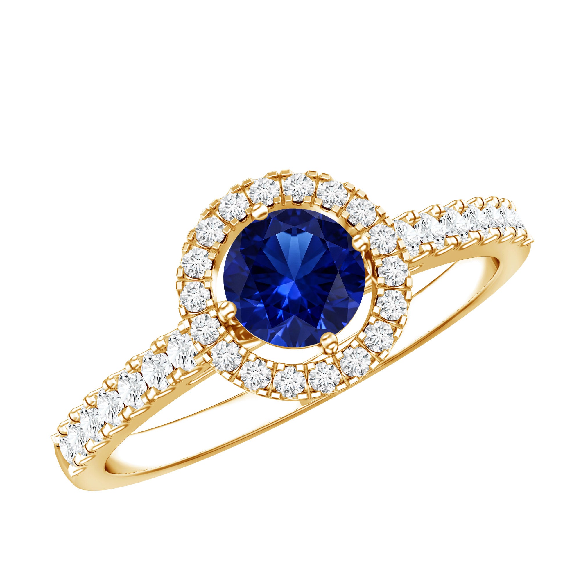 Certified 0.6 Carat Lab Grown Blue Sapphire Diamond Engagement Ring with Halo AAAA - Rosec Jewels