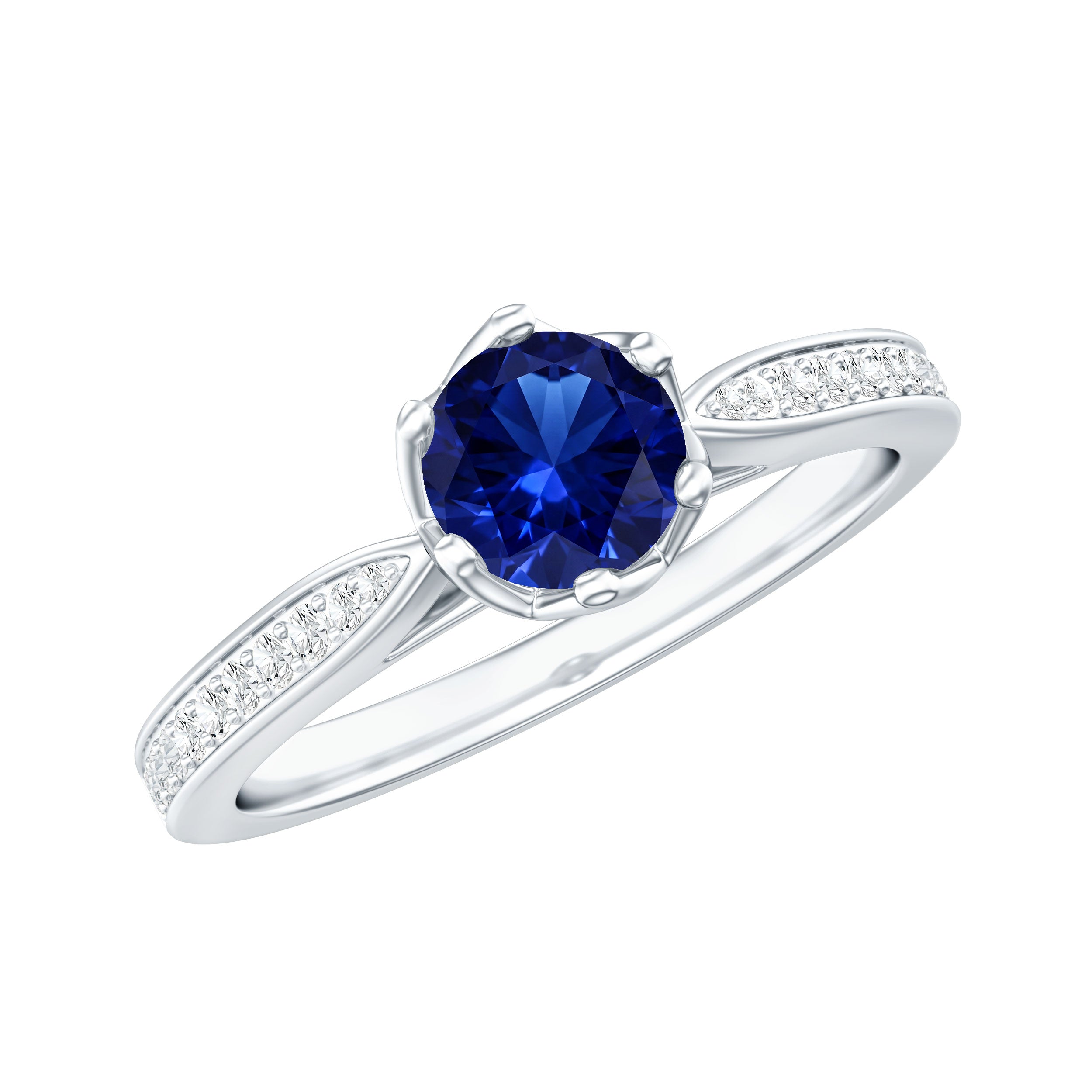 Certified Lab Created Blue Sapphire Minimal Engagement Ring with Diamond Side Stones AAAA - Rosec Jewels