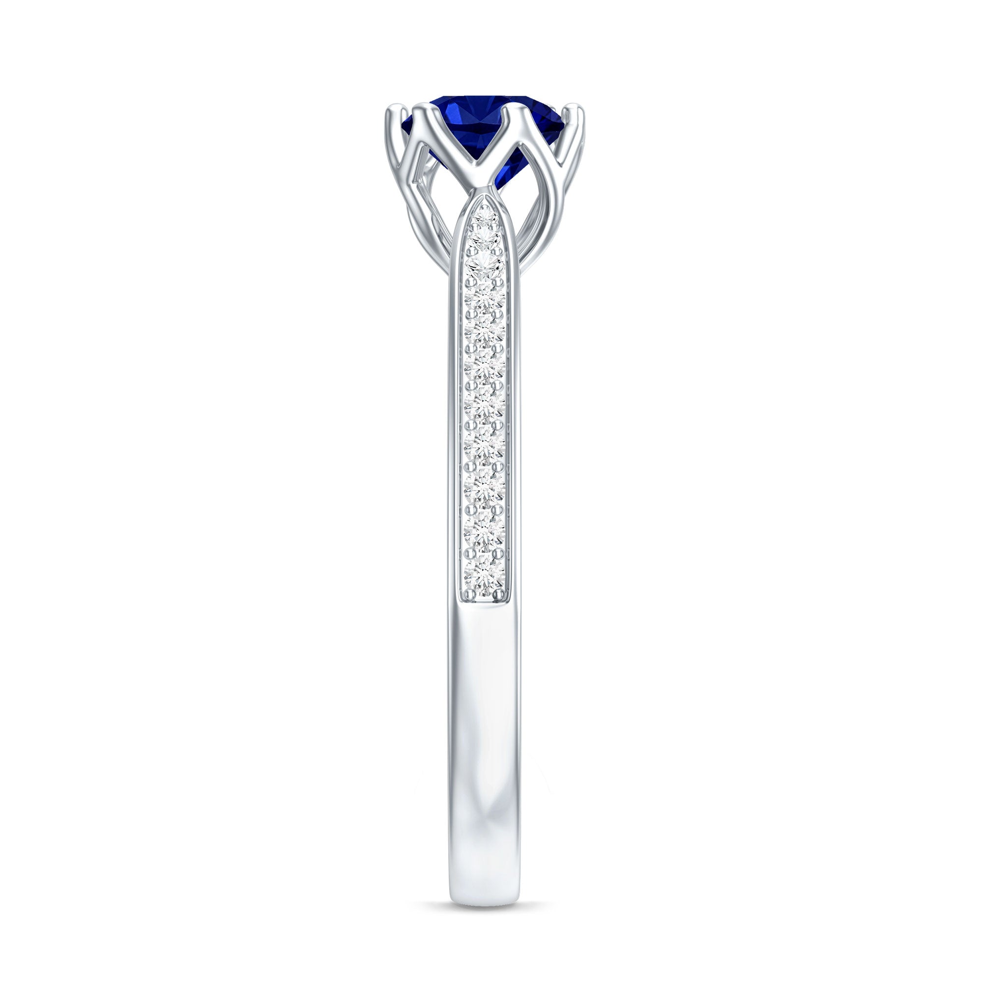 Certified Lab Created Blue Sapphire Minimal Engagement Ring with Diamond Side Stones AAAA - Rosec Jewels