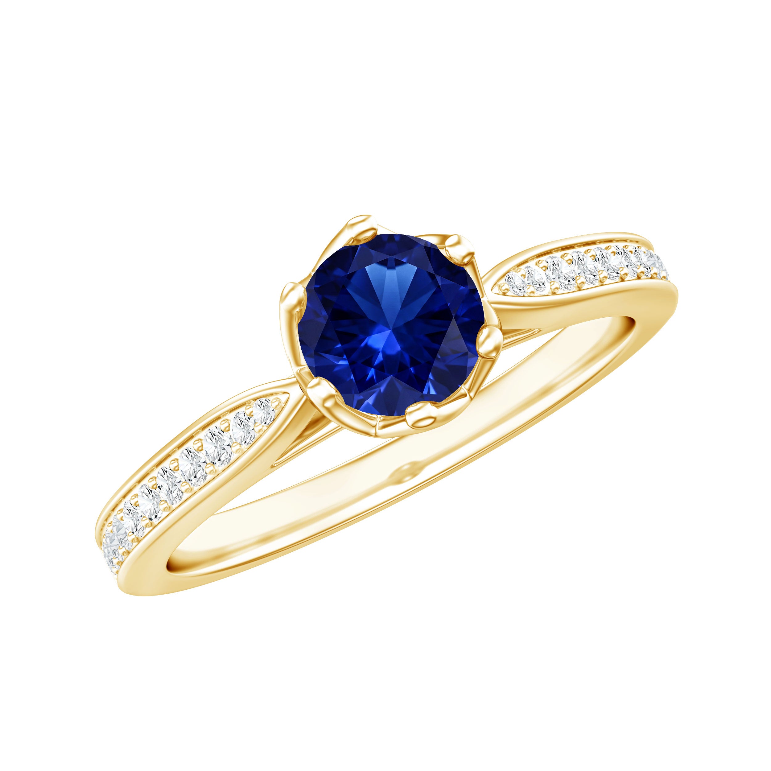 Certified Lab Created Blue Sapphire Minimal Engagement Ring with Diamond Side Stones AAAA - Rosec Jewels