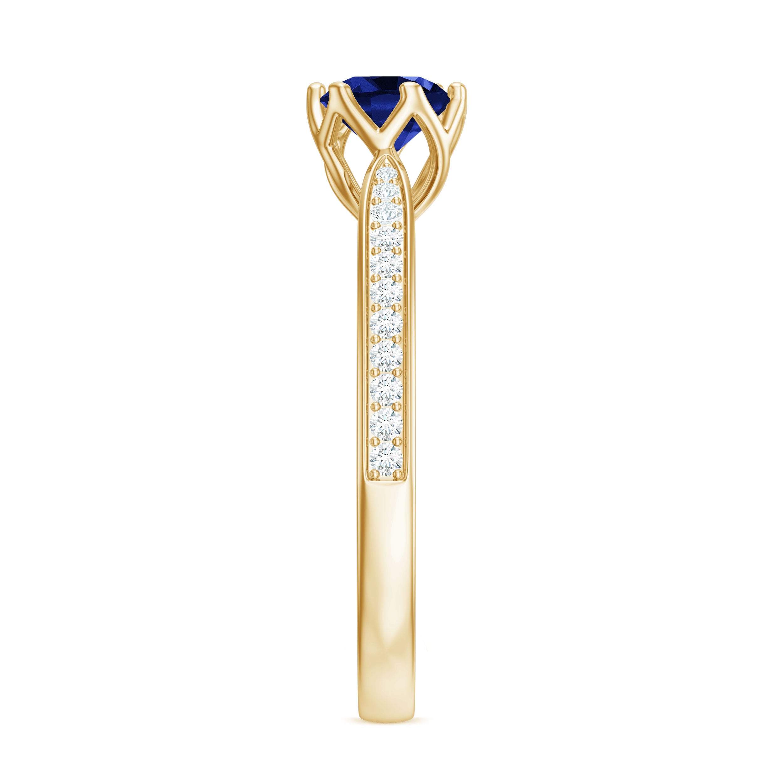 Certified Lab Created Blue Sapphire Minimal Engagement Ring with Diamond Side Stones AAAA - Rosec Jewels