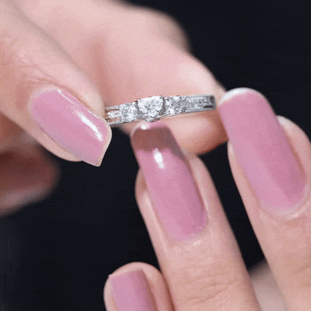 Natural Diamond Three Stone Ring with Beaded Details Natural - ( HI-SI ) - Rosec Jewels