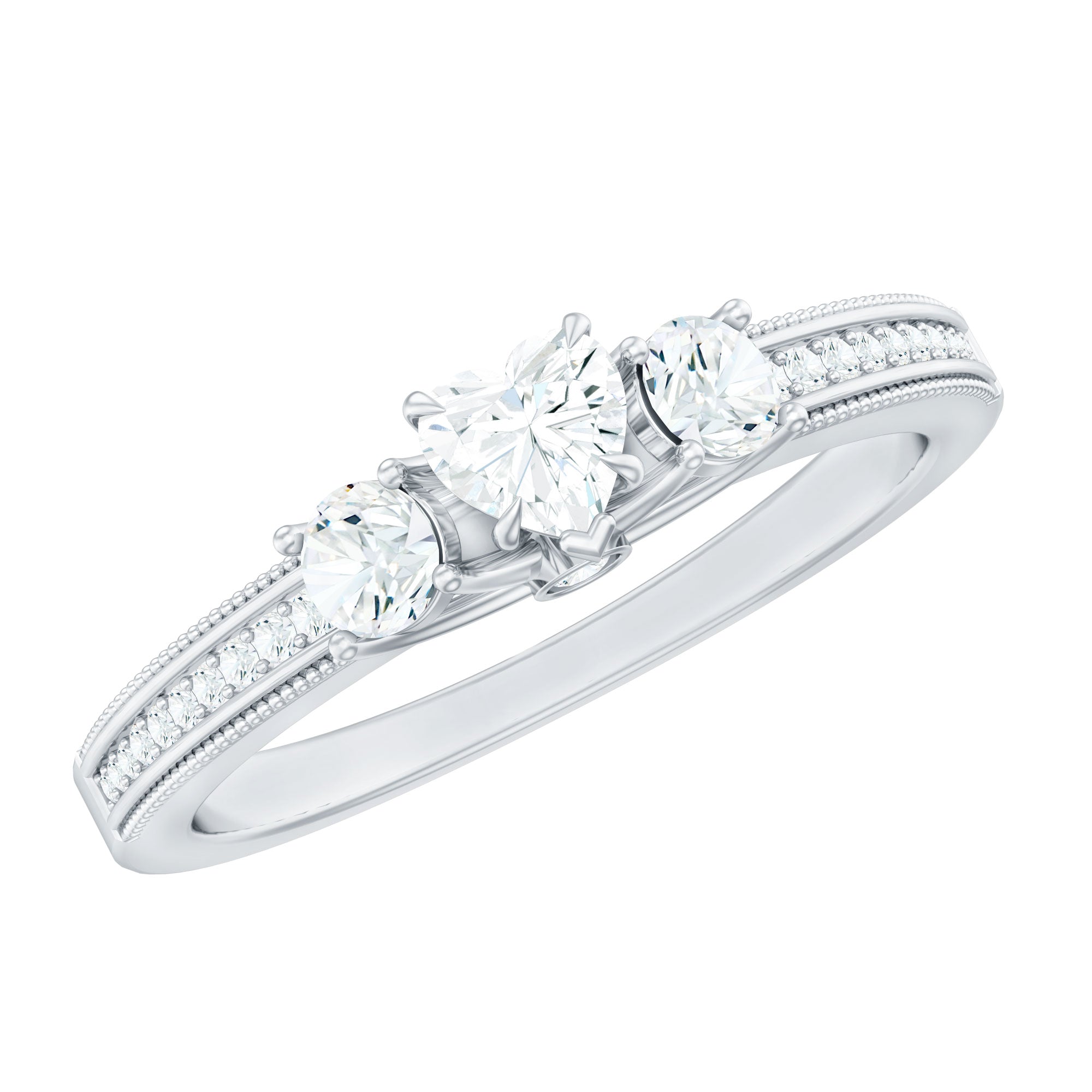 Natural Diamond Three Stone Ring with Beaded Details Natural - ( HI-SI ) - Rosec Jewels