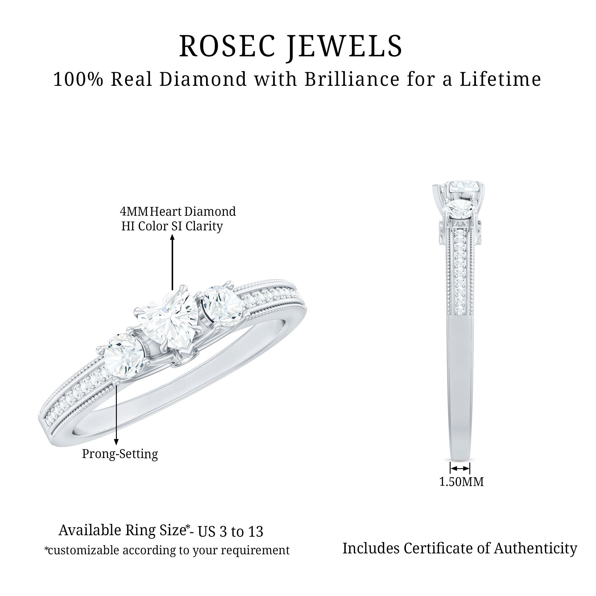 Natural Diamond Three Stone Ring with Beaded Details Natural - ( HI-SI ) - Rosec Jewels