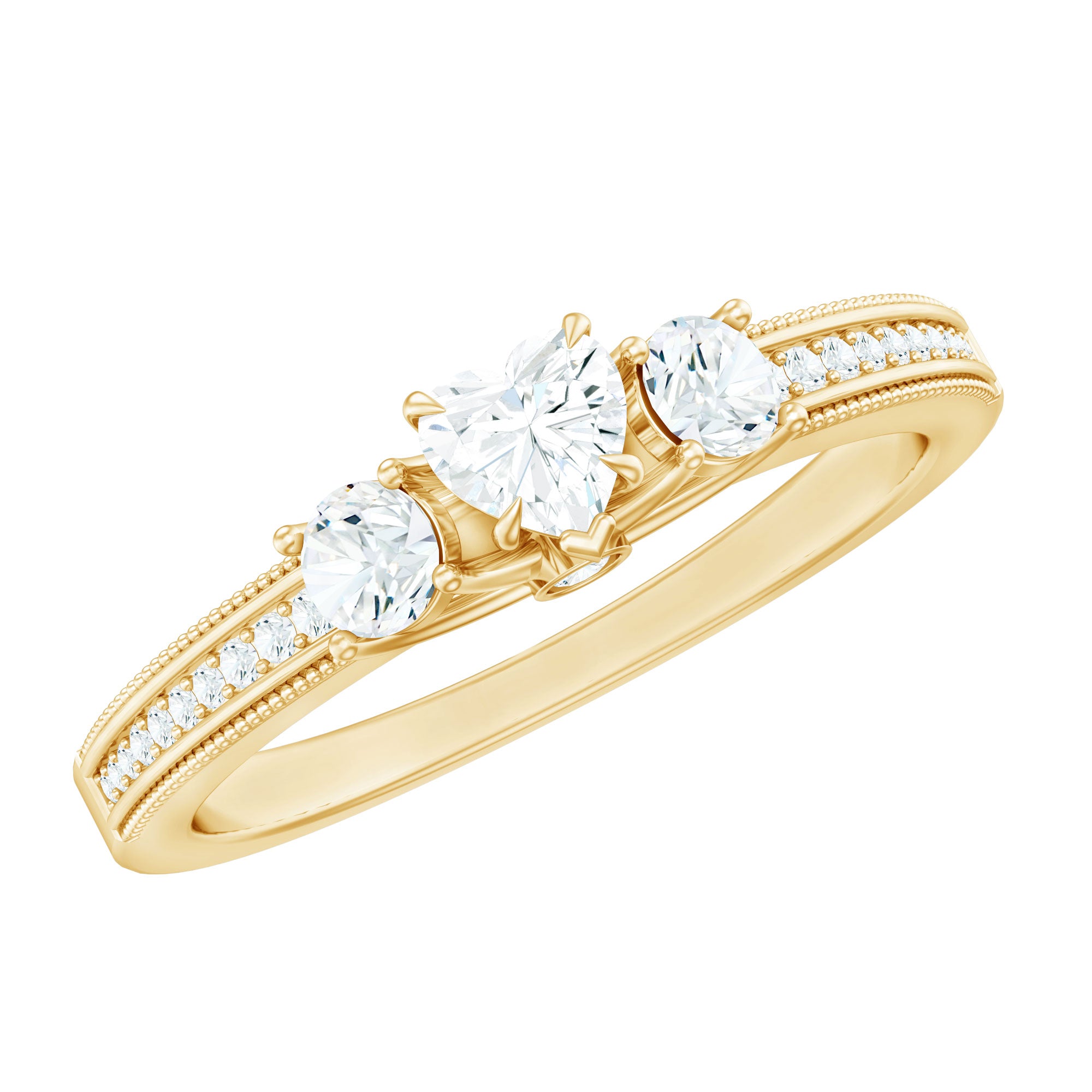 Natural Diamond Three Stone Ring with Beaded Details Natural - ( HI-SI ) - Rosec Jewels