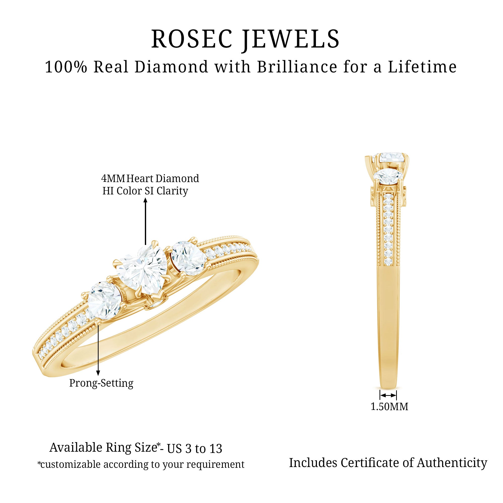 Natural Diamond Three Stone Ring with Beaded Details Natural - ( HI-SI ) - Rosec Jewels