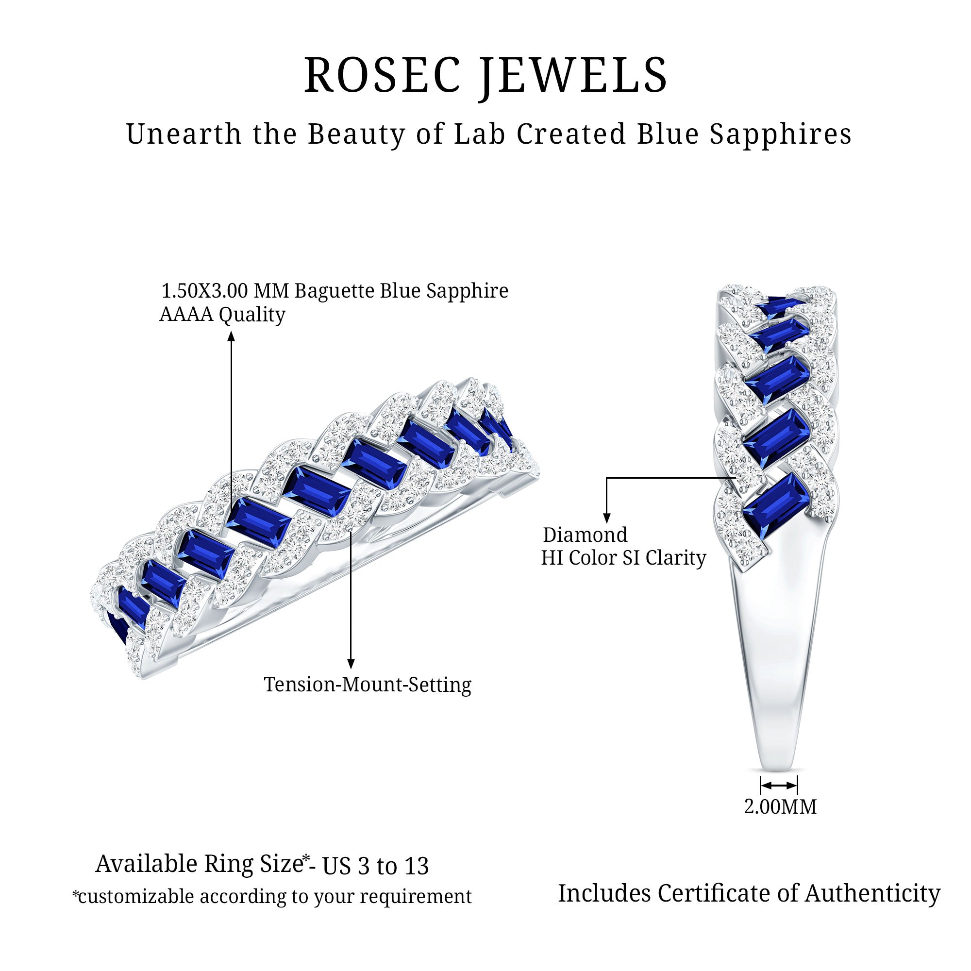 Certified Baguette Lab Grown Blue Sapphire Half Eternity Band with Diamond AAAA - Rosec Jewels