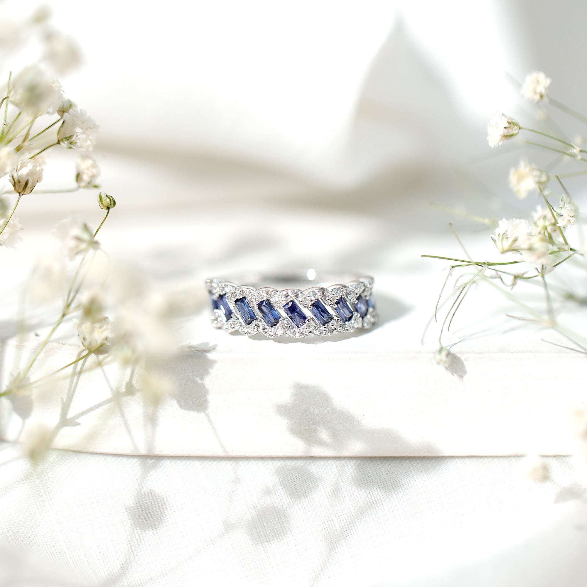 Certified Baguette Lab Grown Blue Sapphire Half Eternity Band with Diamond AAAA - Rosec Jewels