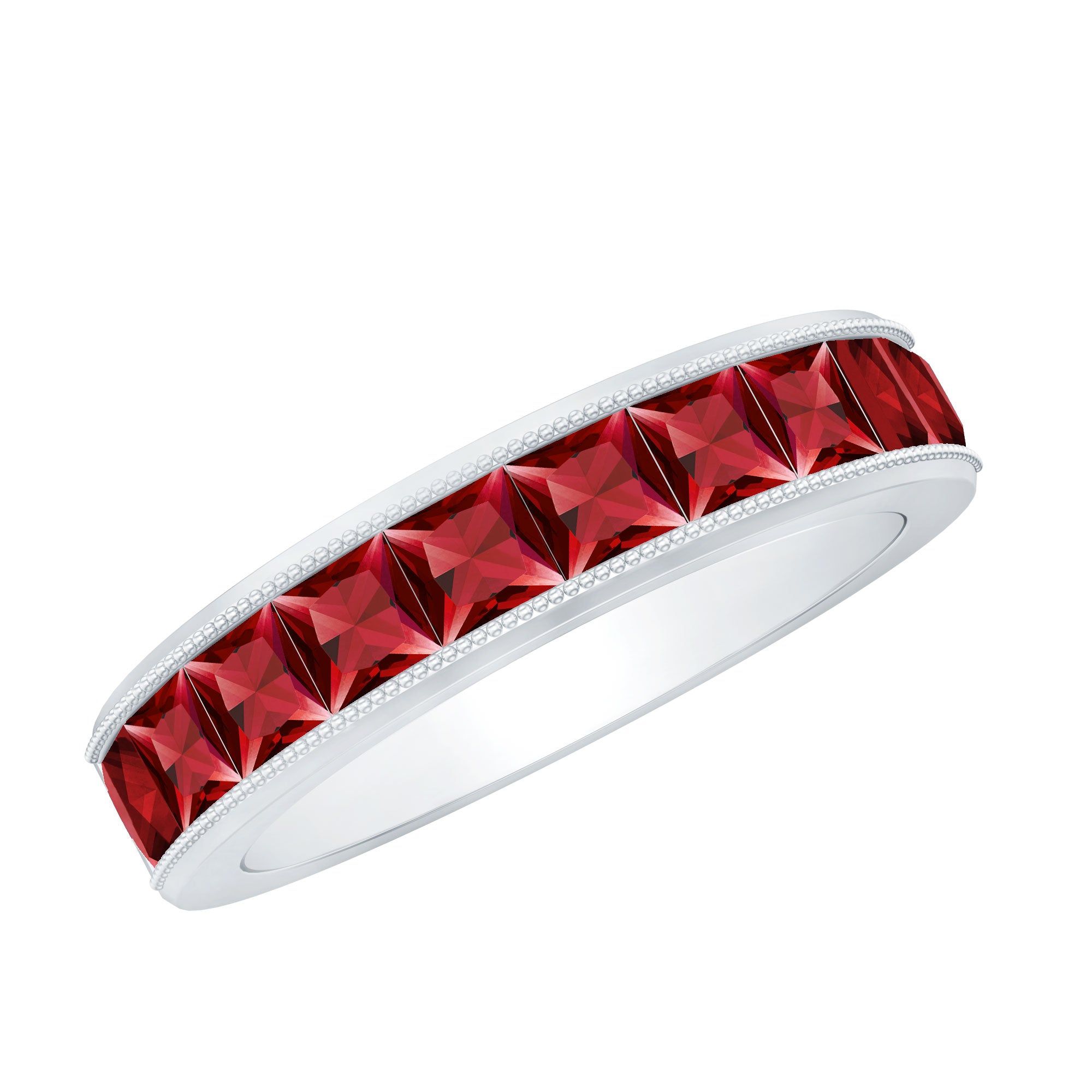 Channel Set Lab Grown Ruby Princess Cut Eternity Band with Milgrain AAAA - Rosec Jewels