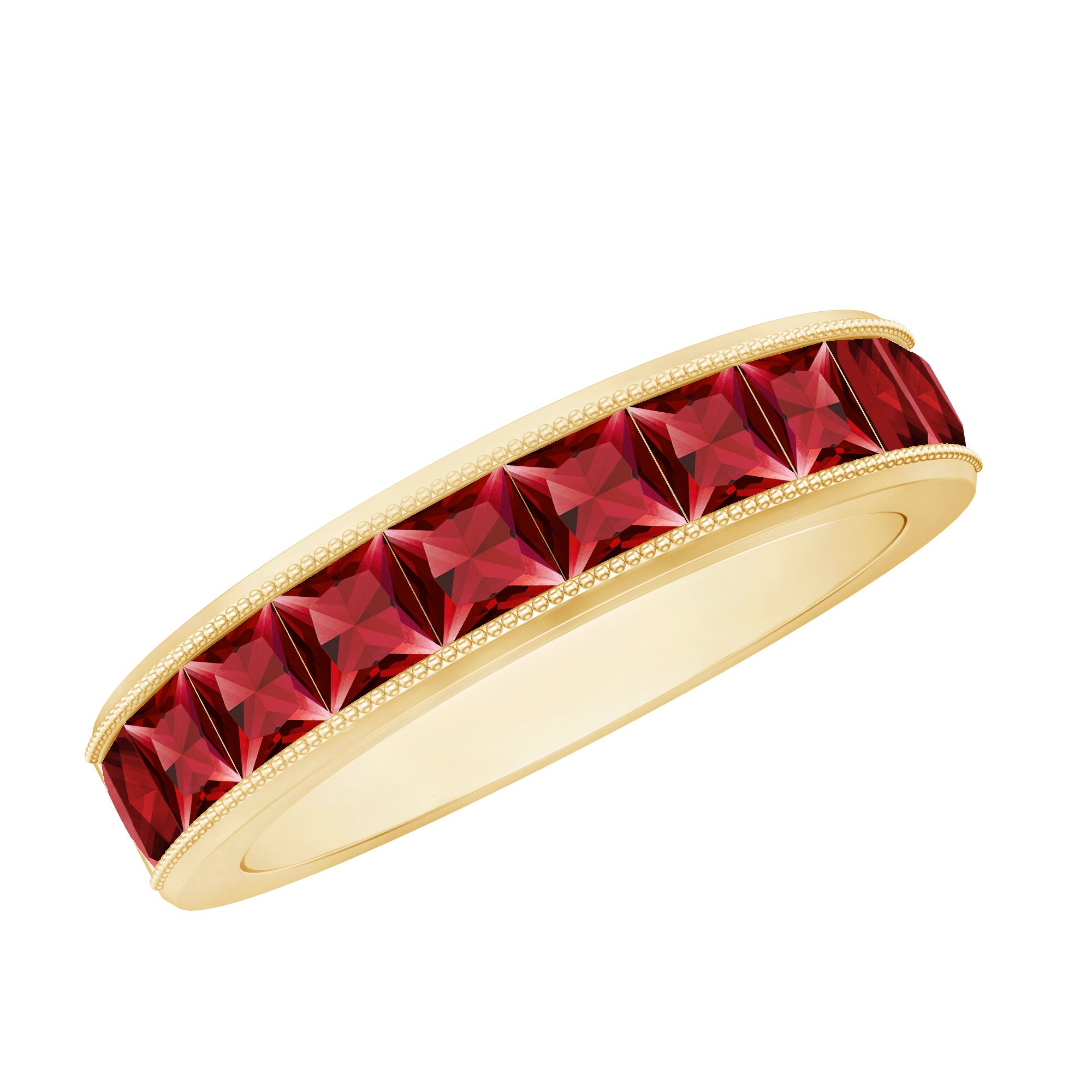 Channel Set Lab Grown Ruby Princess Cut Eternity Band with Milgrain AAAA - Rosec Jewels