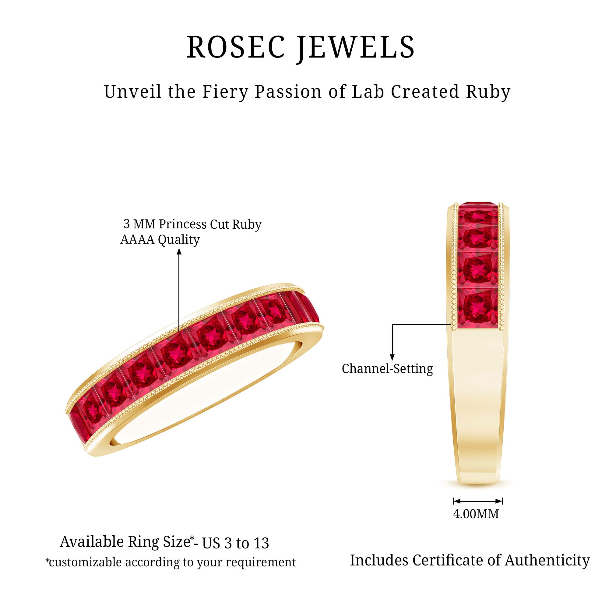 Channel Set Lab Grown Ruby Princess Cut Eternity Band with Milgrain AAAA - Rosec Jewels