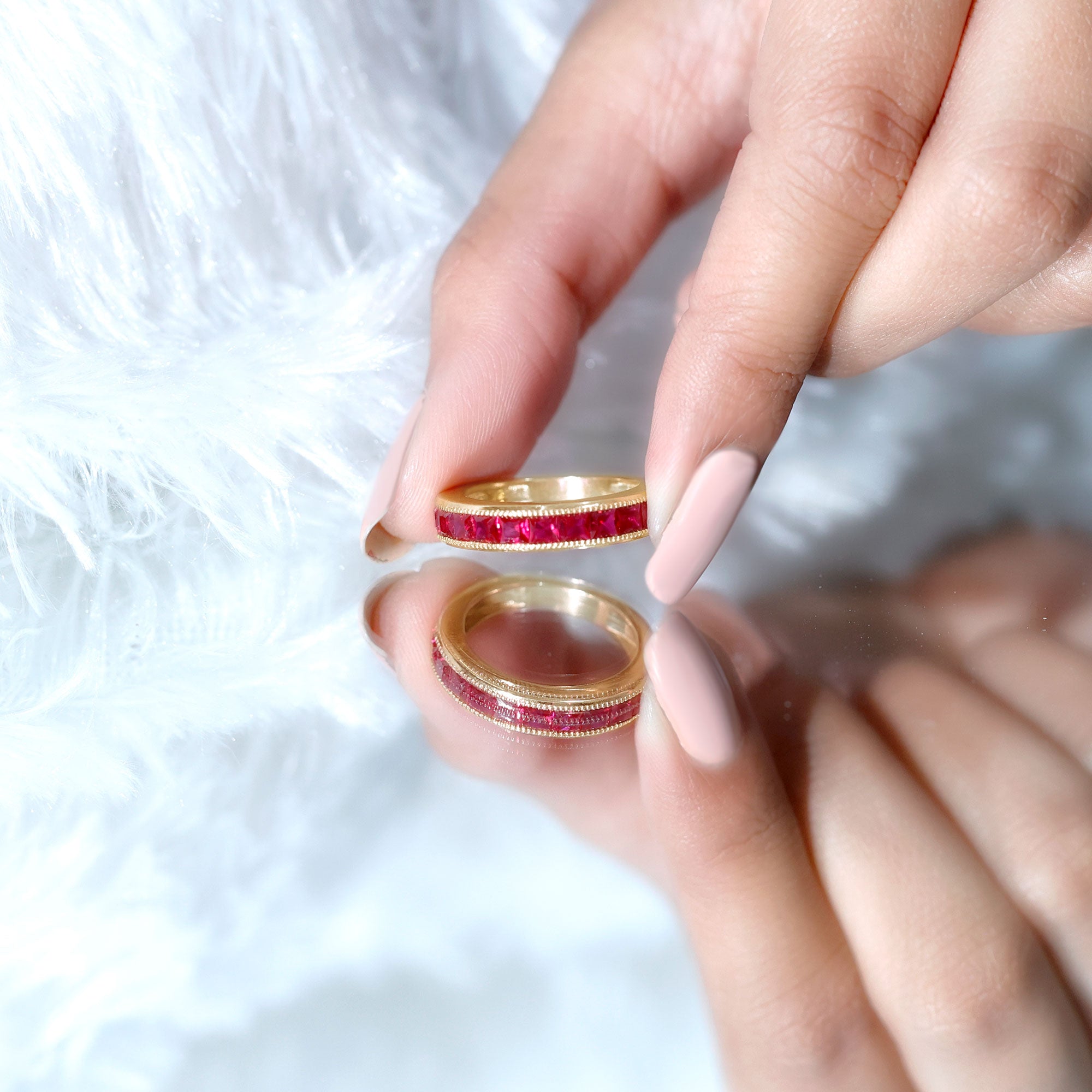 Channel Set Lab Grown Ruby Princess Cut Eternity Band with Milgrain AAAA - Rosec Jewels