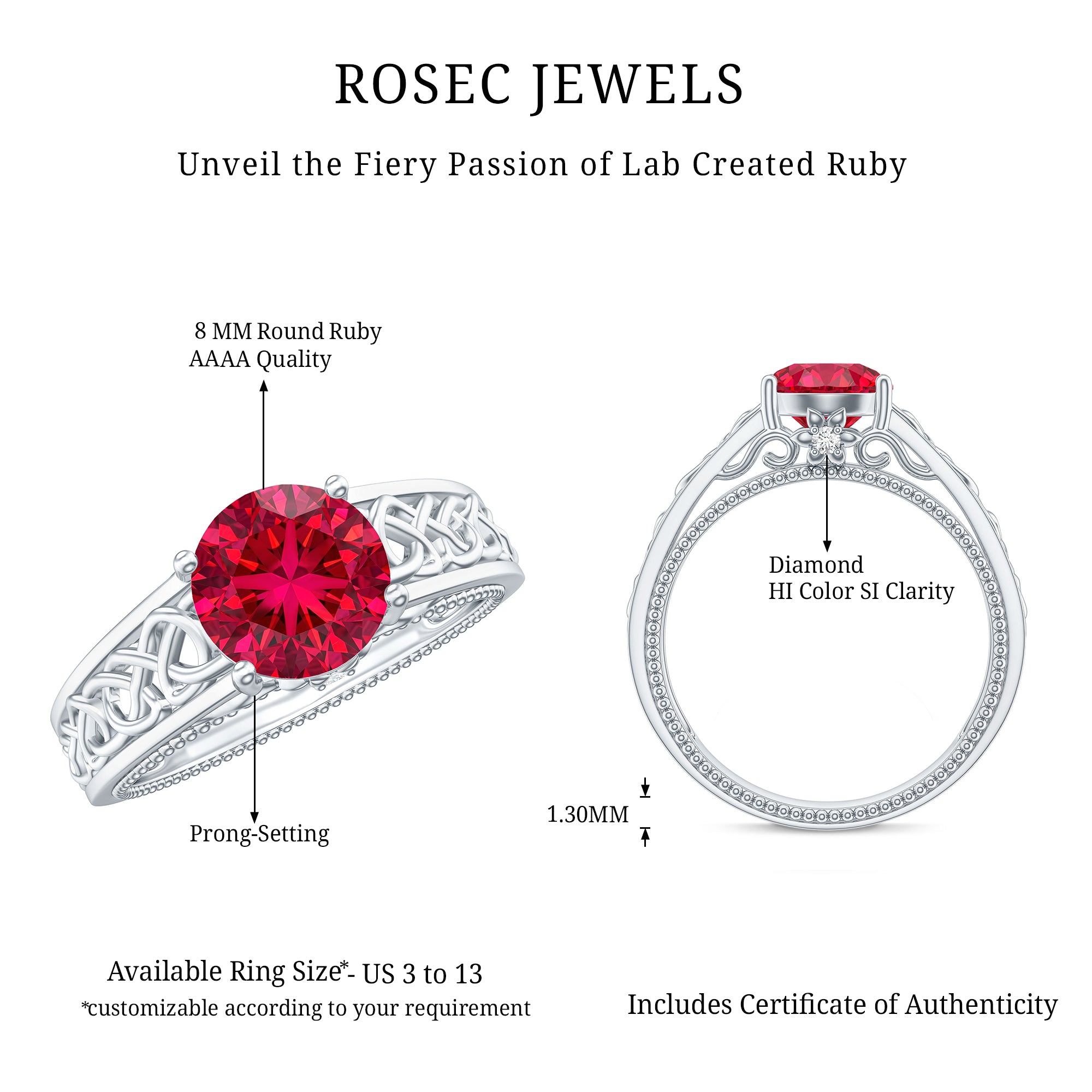 Vintage Style Created Ruby Celtic Knot Band Ring with Surprise Diamond AAAA - Rosec Jewels