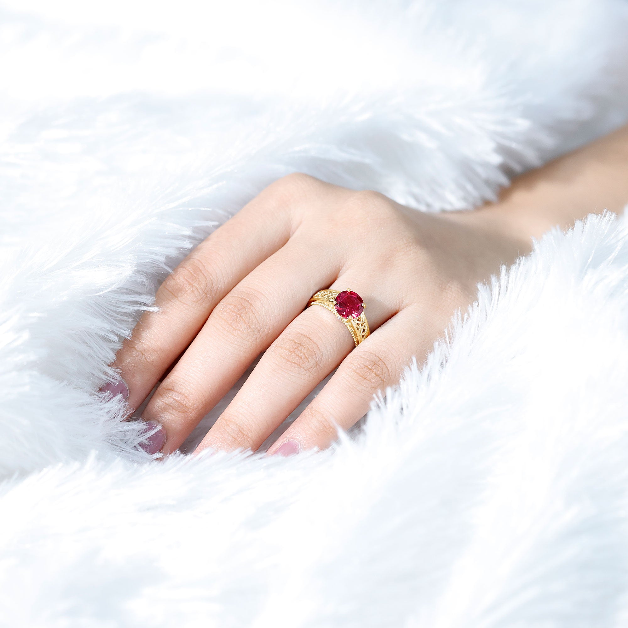 Vintage Style Created Ruby Celtic Knot Band Ring with Surprise Diamond AAAA - Rosec Jewels