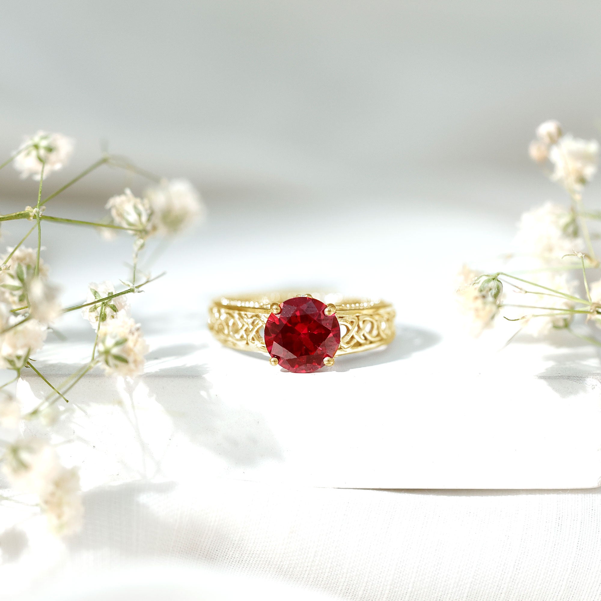 Vintage Style Created Ruby Celtic Knot Band Ring with Surprise Diamond AAAA - Rosec Jewels