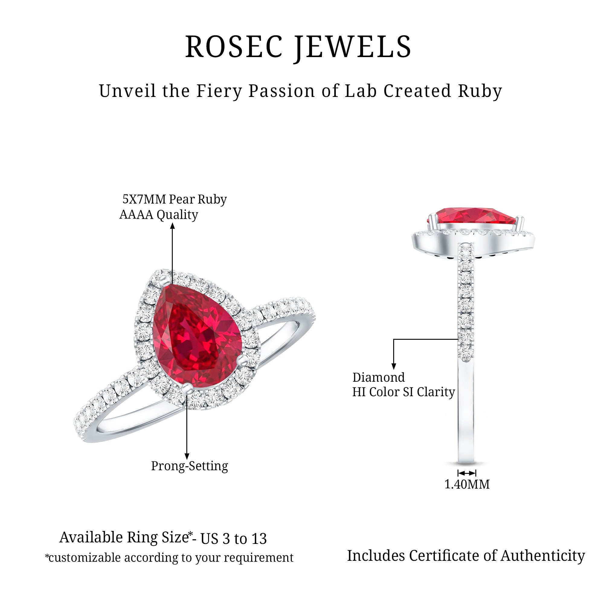 Created Ruby Halo Engagement Ring With Diamond Accent AAAA - Rosec Jewels