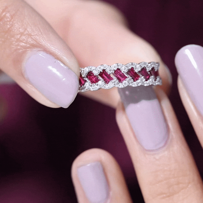 Baguette Created Ruby Braided Eternity Band Ring with Diamond AAAA - Rosec Jewels
