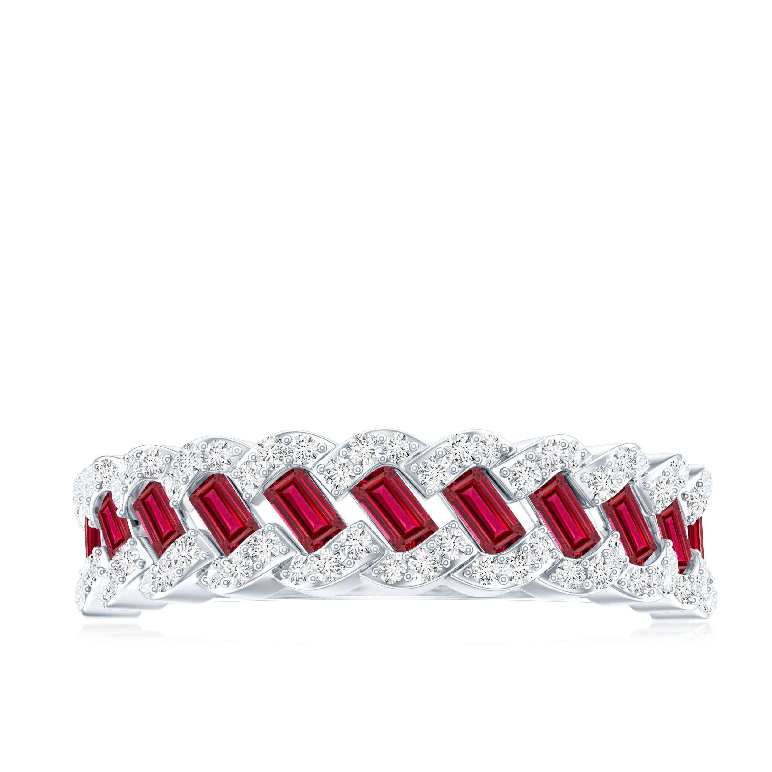 Baguette Created Ruby Braided Eternity Band Ring with Diamond AAAA - Rosec Jewels