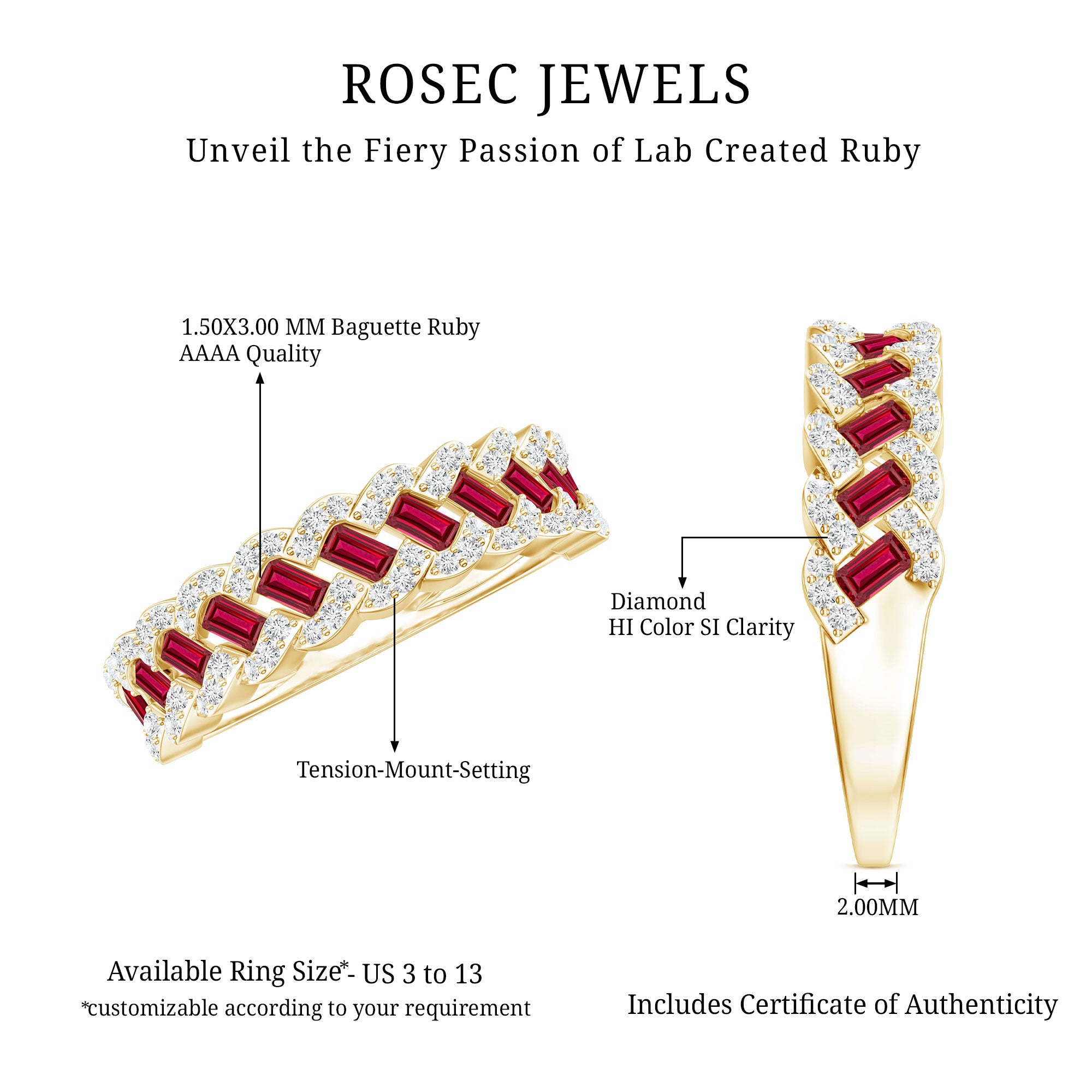 Rosec Jewels-Baguette Created Ruby Braided Eternity Band Ring with Diamond