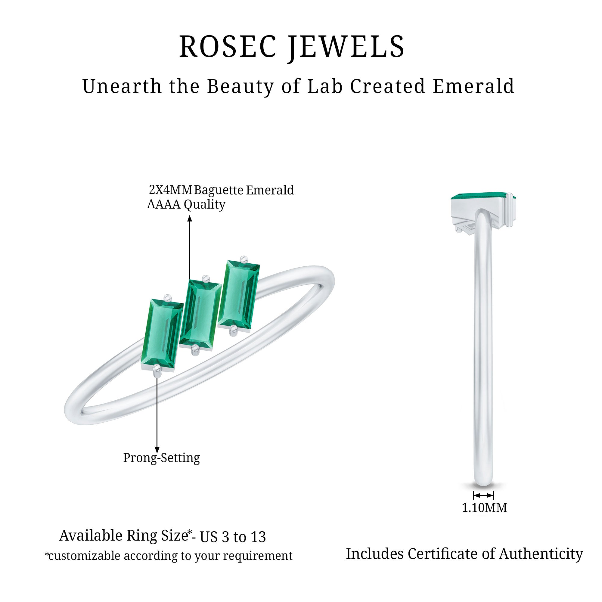 Certified Baguette Lab Grown Emerald 3 Stone Promise Ring AAAA - Rosec Jewels