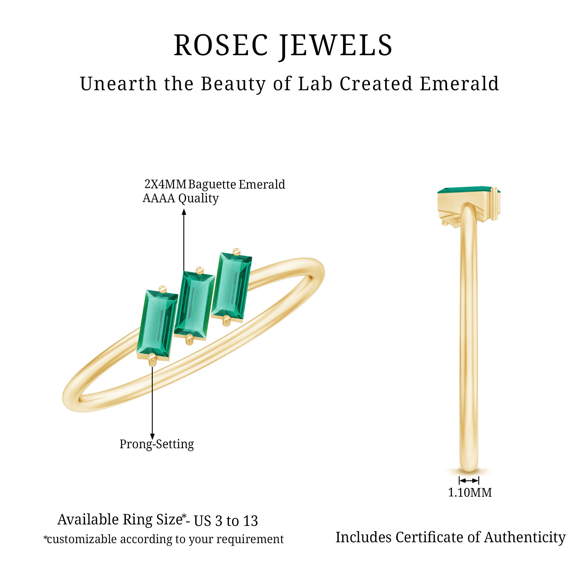 Certified Baguette Lab Grown Emerald 3 Stone Promise Ring AAAA - Rosec Jewels