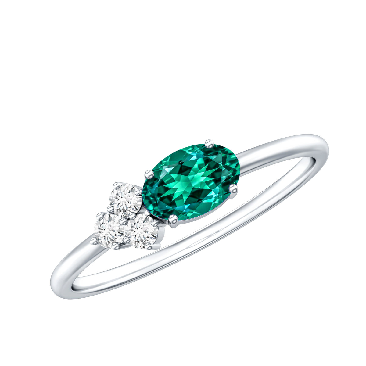 East West Style Oval Lab Grown Emerald Promise Ring with Diamond Trio AAAA - Rosec Jewels