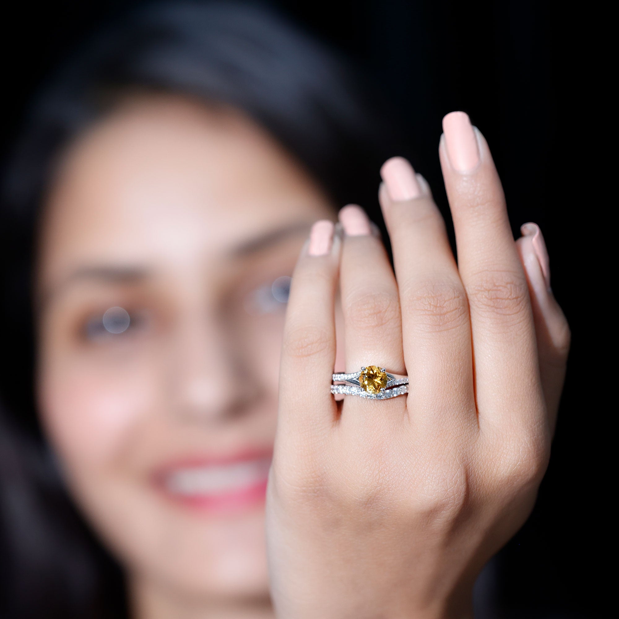 Certified Real Citrine Engagement Ring with Moissanite Wedding Band AAA - Rosec Jewels