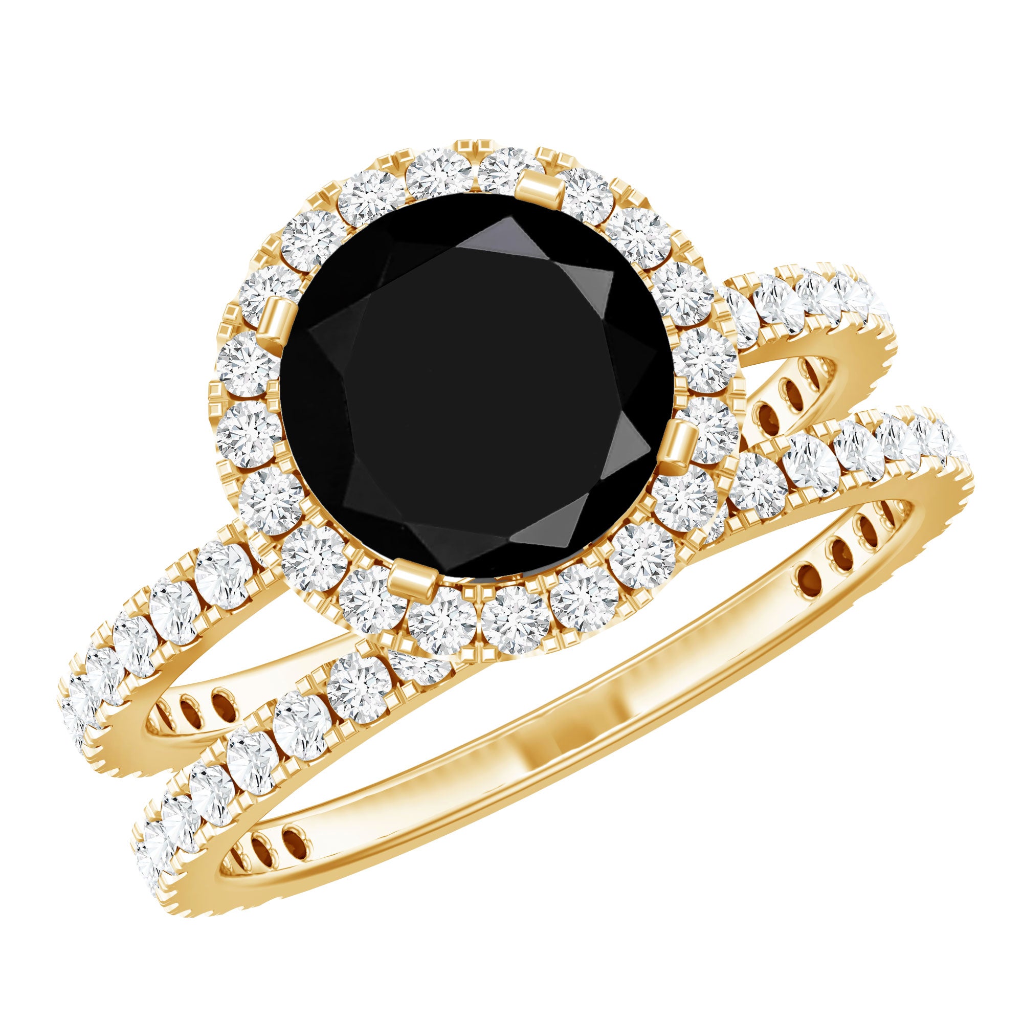 2 Carat Lab Grown Black Diamond Engagement Ring with Moissanite Wedding Band AAAA ( Synthetic ) - Rosec Jewels