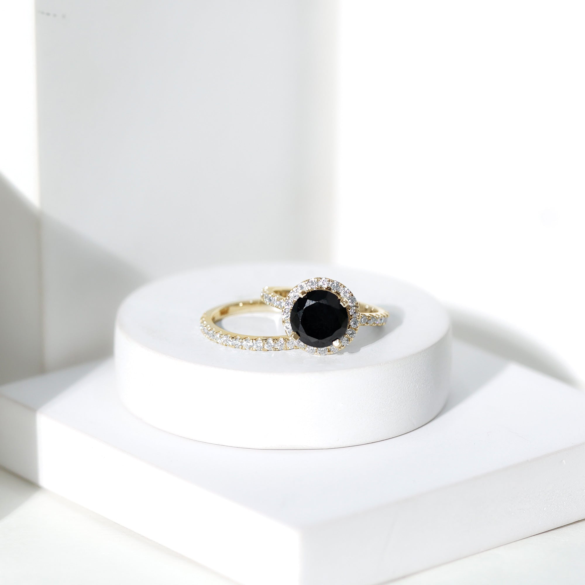 2 Carat Lab Grown Black Diamond Engagement Ring with Moissanite Wedding Band AAAA ( Synthetic ) - Rosec Jewels