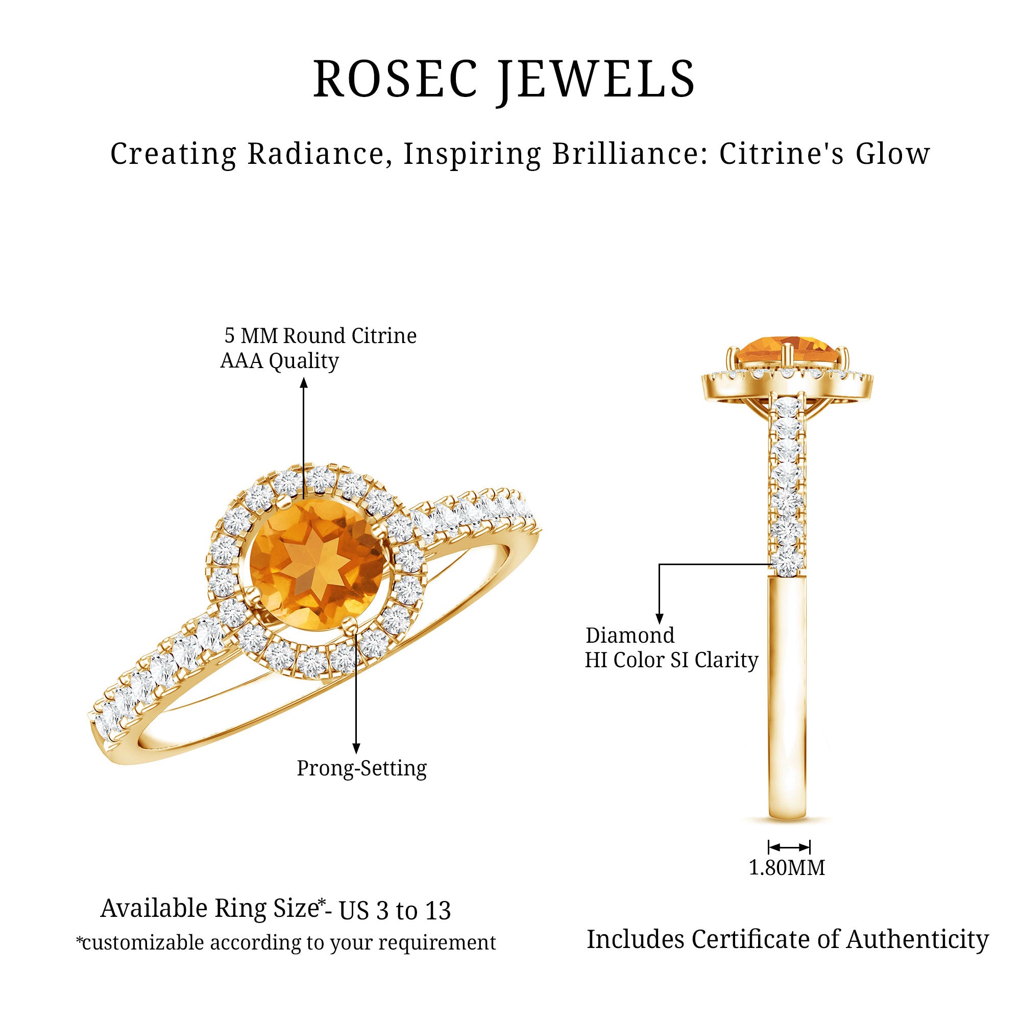 Minimalist Citrine Diamond Engagement Ring with Halo AAA - Rosec Jewels