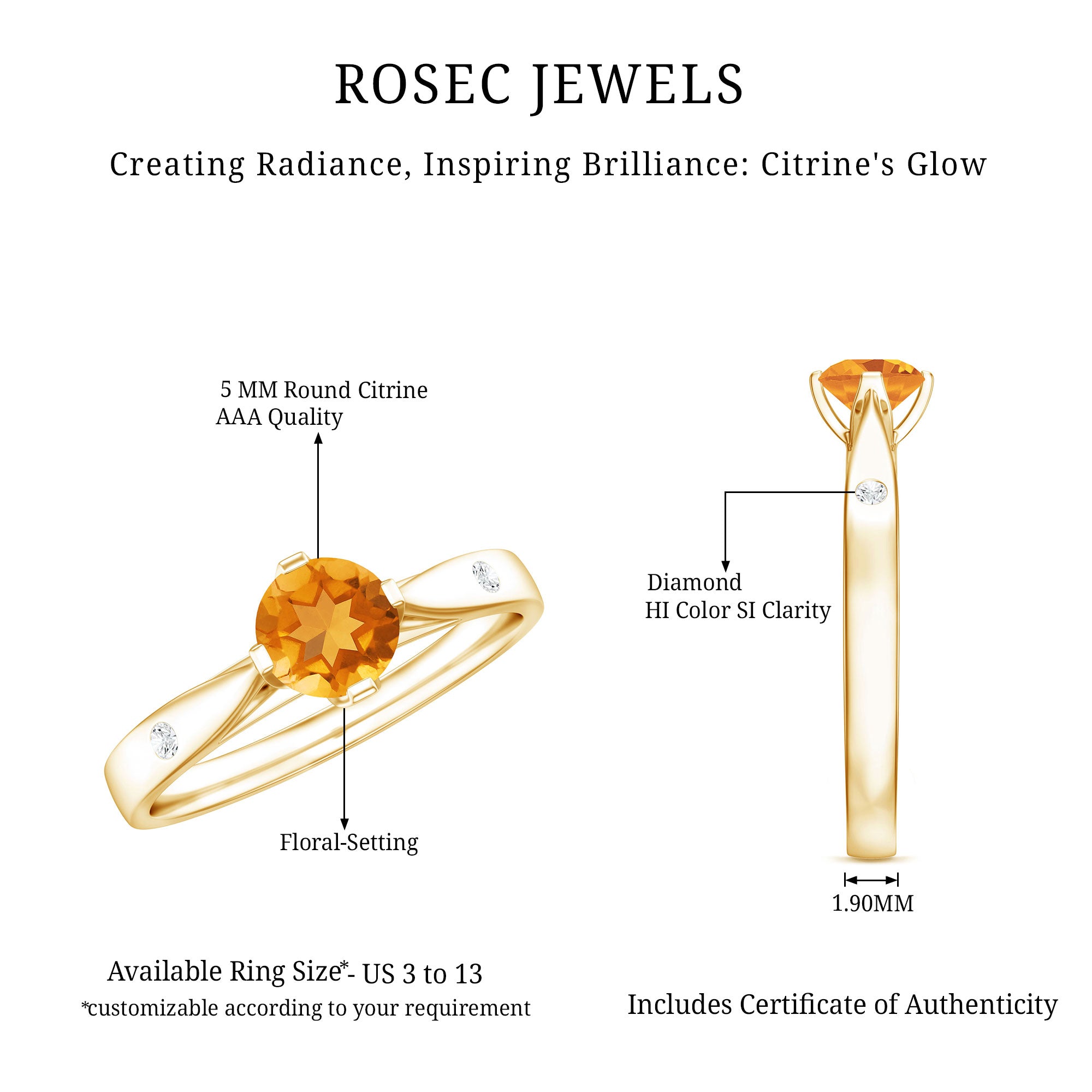 Certified Real Citrine Promise Ring with Diamond AAA - Rosec Jewels