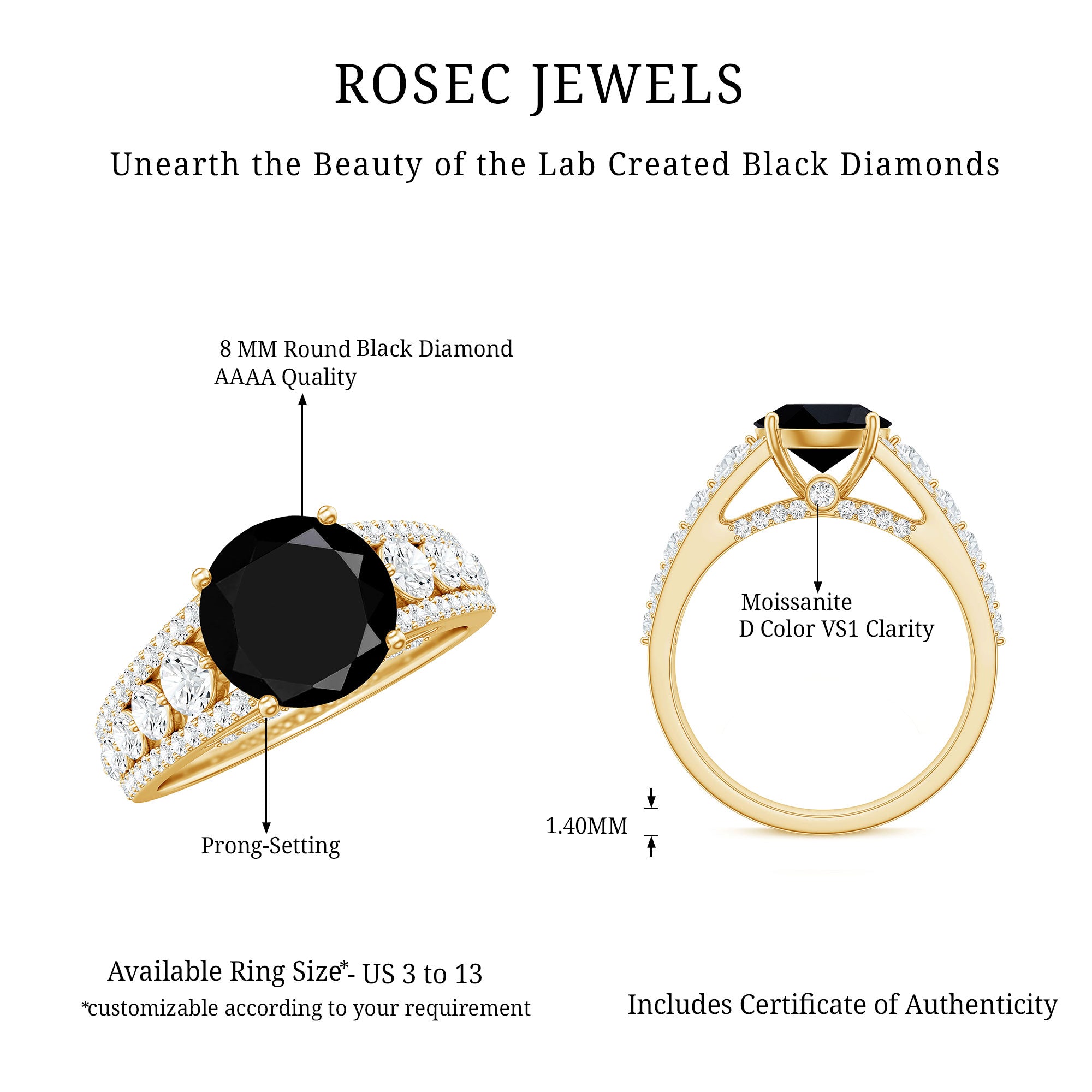 Lab-Created Black Diamond Statement Engagement Ring with Moissanite AAAA ( Synthetic ) - Rosec Jewels