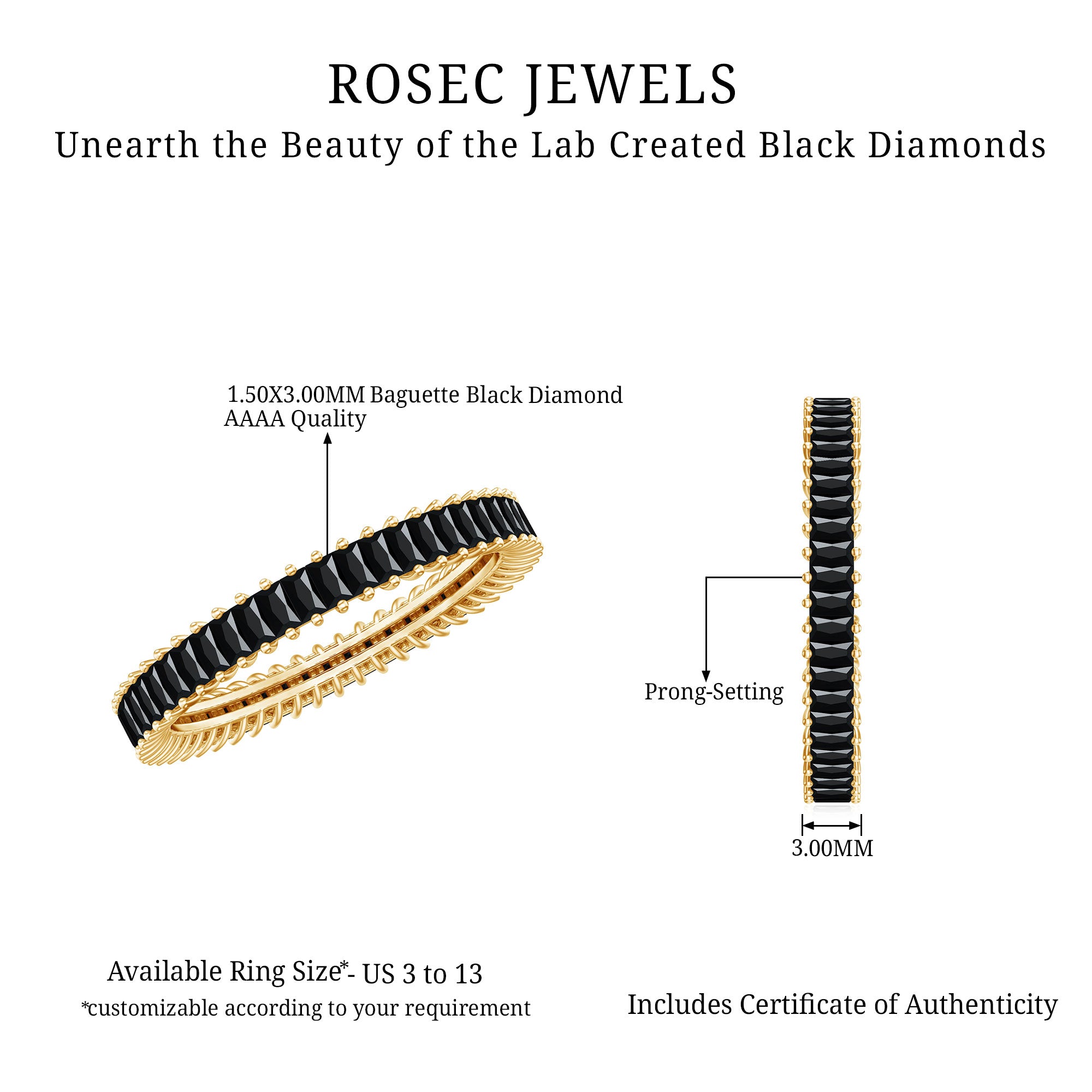 Certified Baguette Lab Grown Black Diamond Eternity Ring for Anniversary AAAA ( Synthetic ) - Rosec Jewels