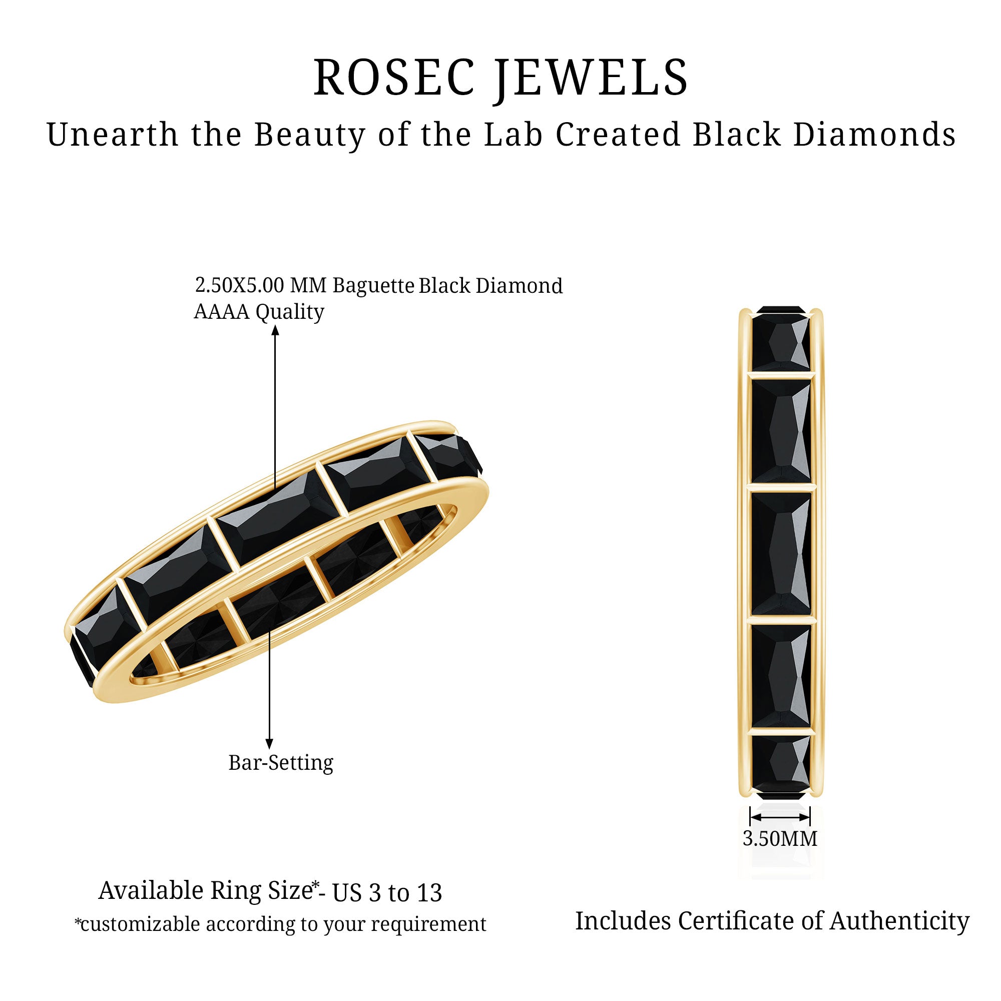 Baguette Cut Lab Grown Black Diamond Eternity Band Ring AAAA ( Synthetic ) - Rosec Jewels