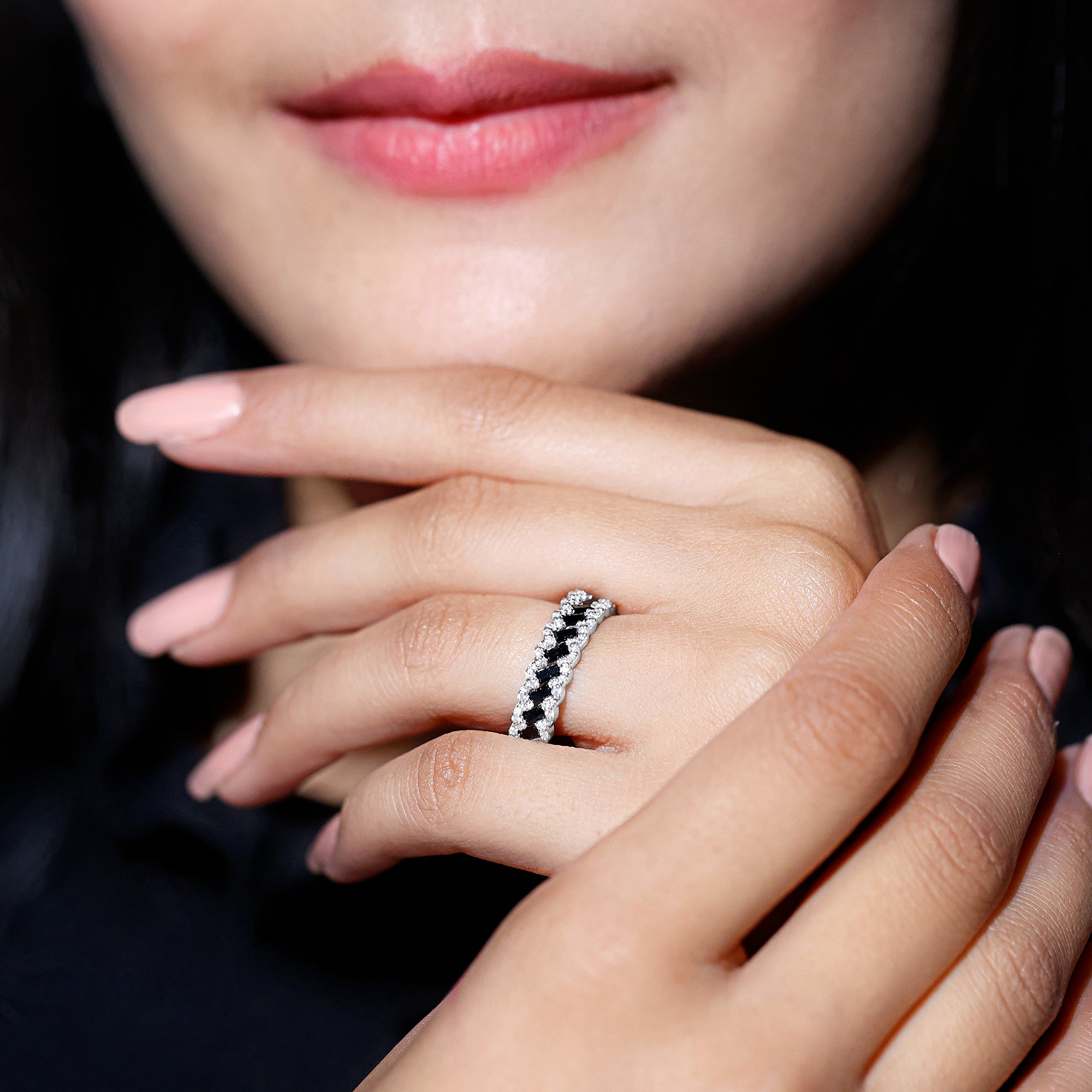 Certified Lab Grown Black and White Diamond Half Eternity Band Ring for Anniversary AAAA ( Synthetic ) - Rosec Jewels