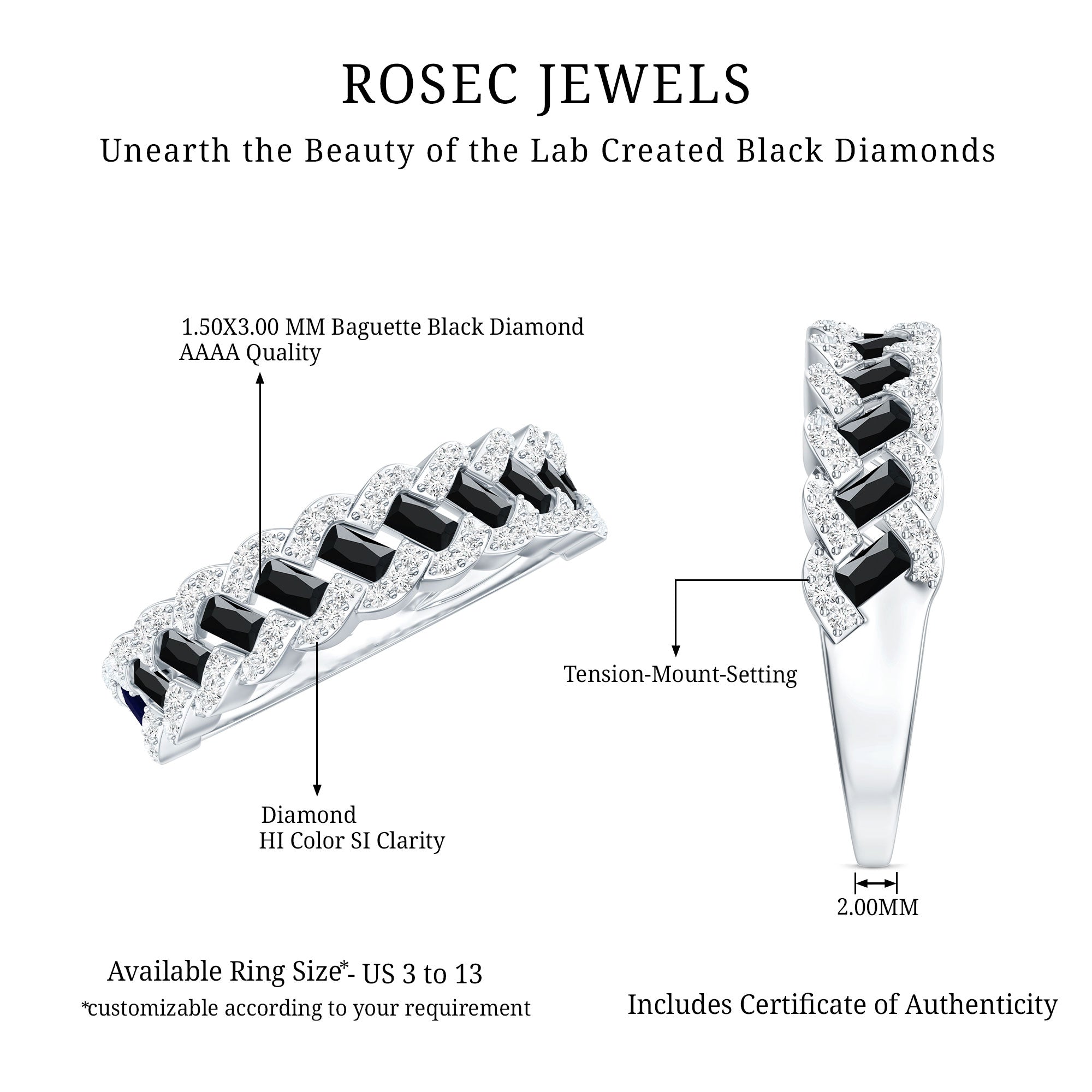 Certified Lab Grown Black and White Diamond Half Eternity Band Ring for Anniversary AAAA ( Synthetic ) - Rosec Jewels