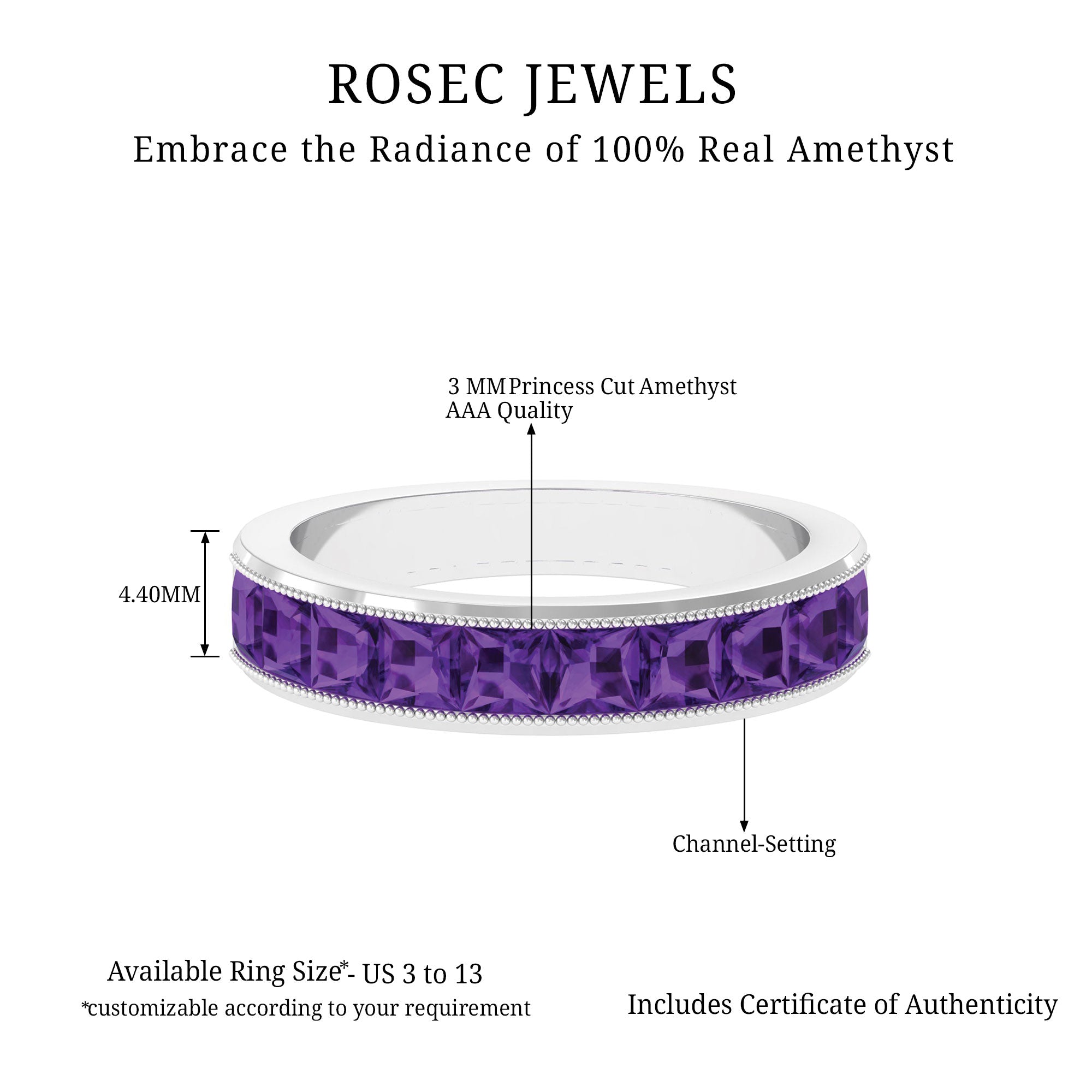 Natural Princess Cut Amethyst Half Eternity Ring for Women AAA - Rosec Jewels