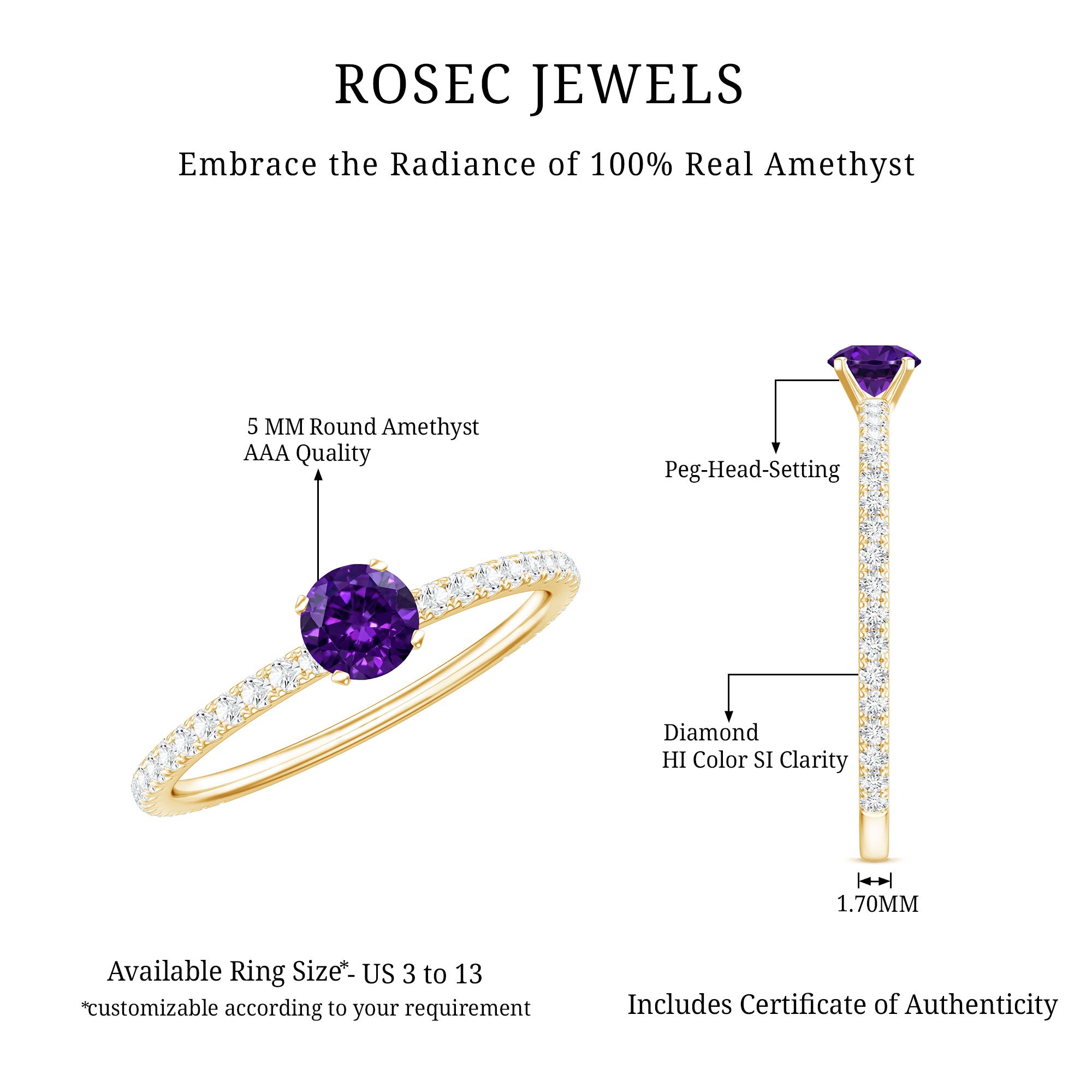 Real Amethyst Diamond Promise Ring for Women AAA - Rosec Jewels