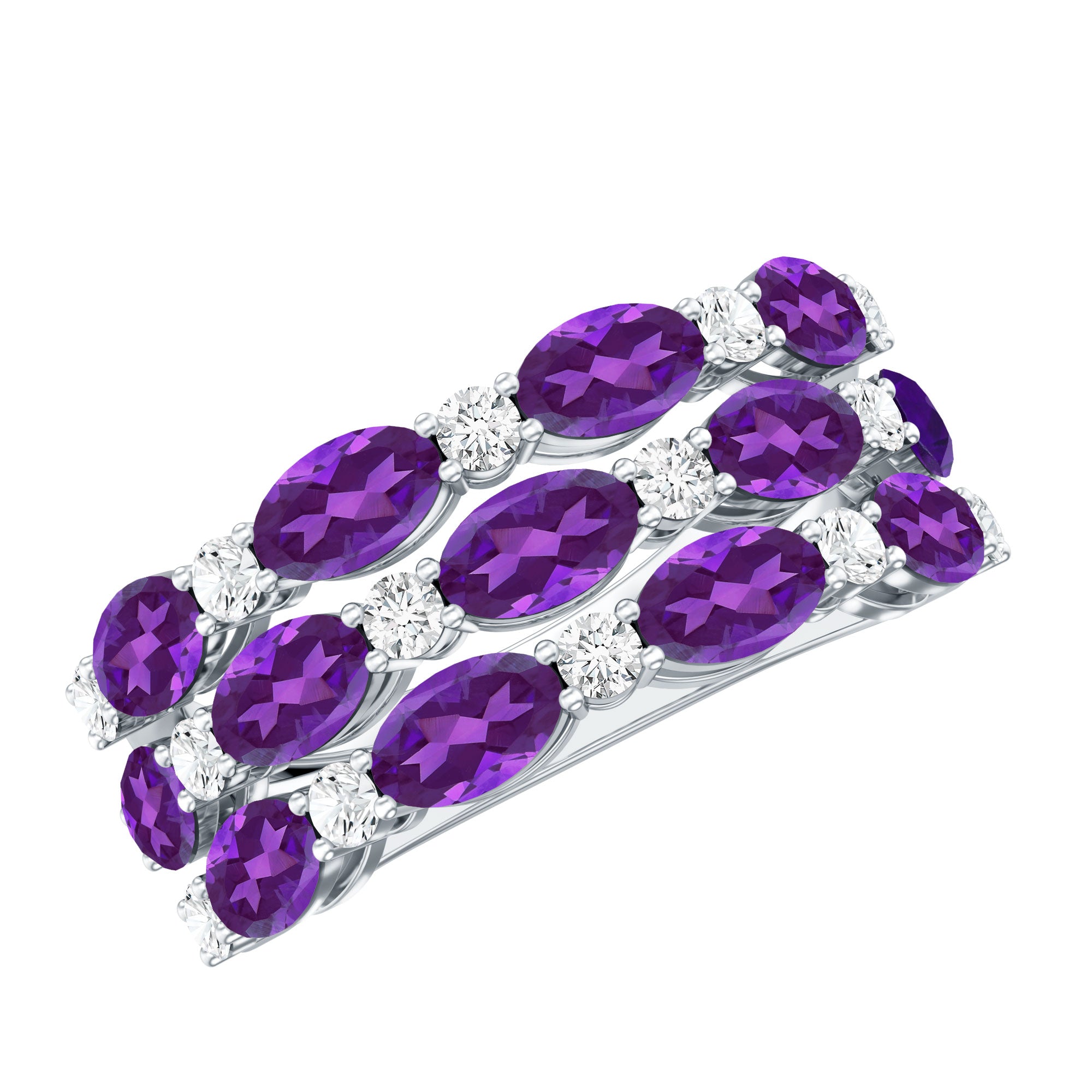 Certified Amethyst and Moissanite Three Row Wedding Band AAA - Rosec Jewels