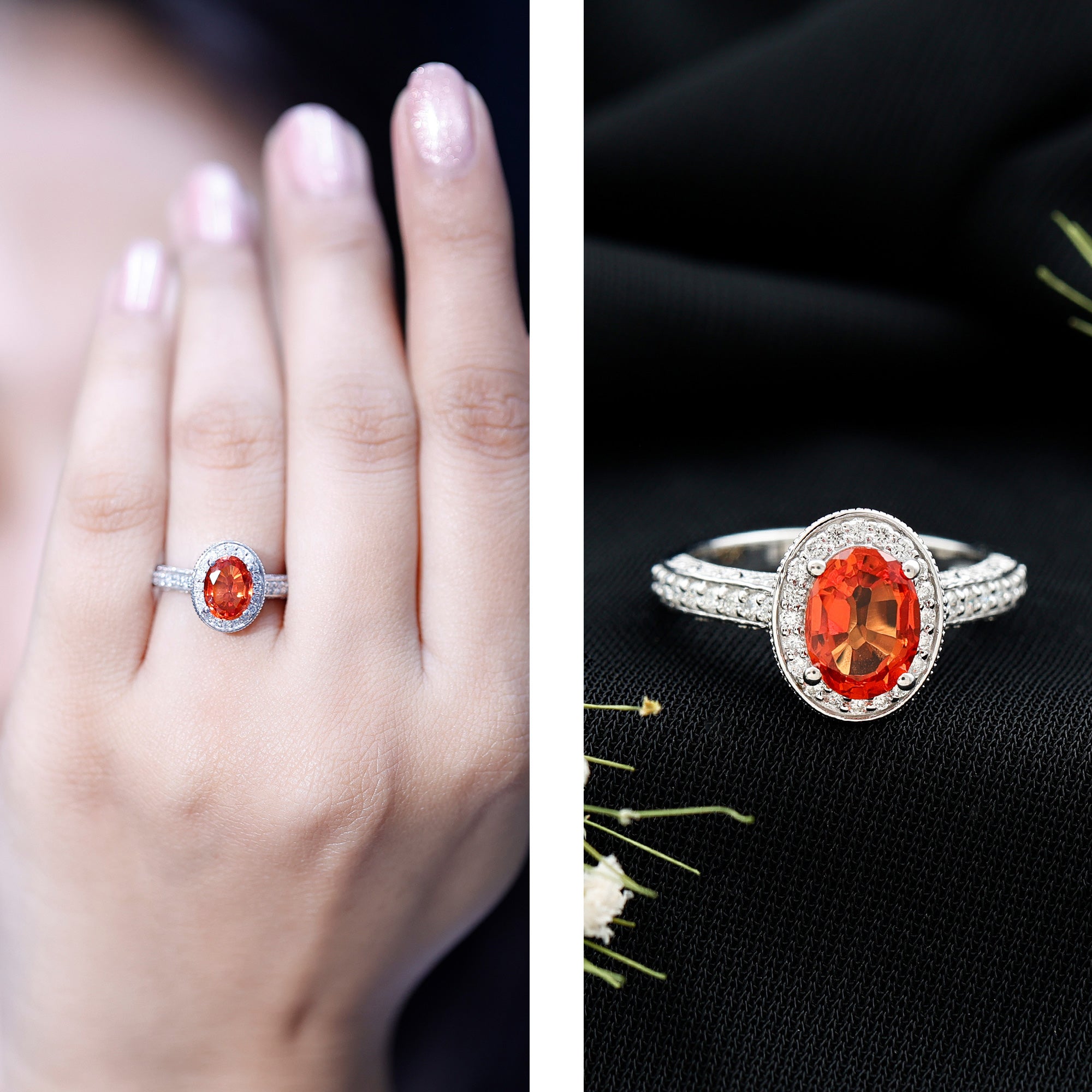 1.5 Carat Lab Grown Orange Sapphire Engagement Ring with Diamond Halo AAAA - Rosec Jewels