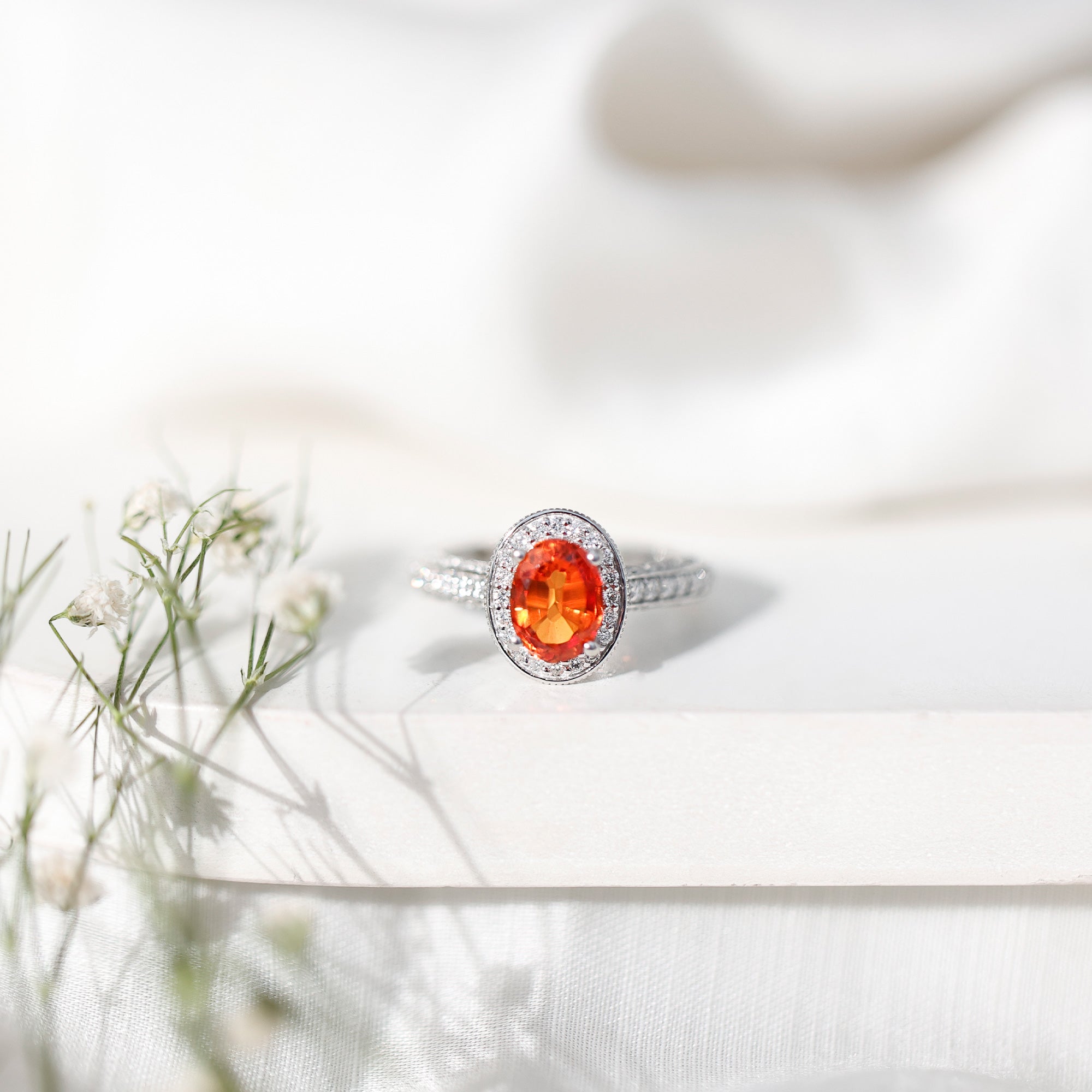 1.5 Carat Lab Grown Orange Sapphire Engagement Ring with Diamond Halo AAAA - Rosec Jewels