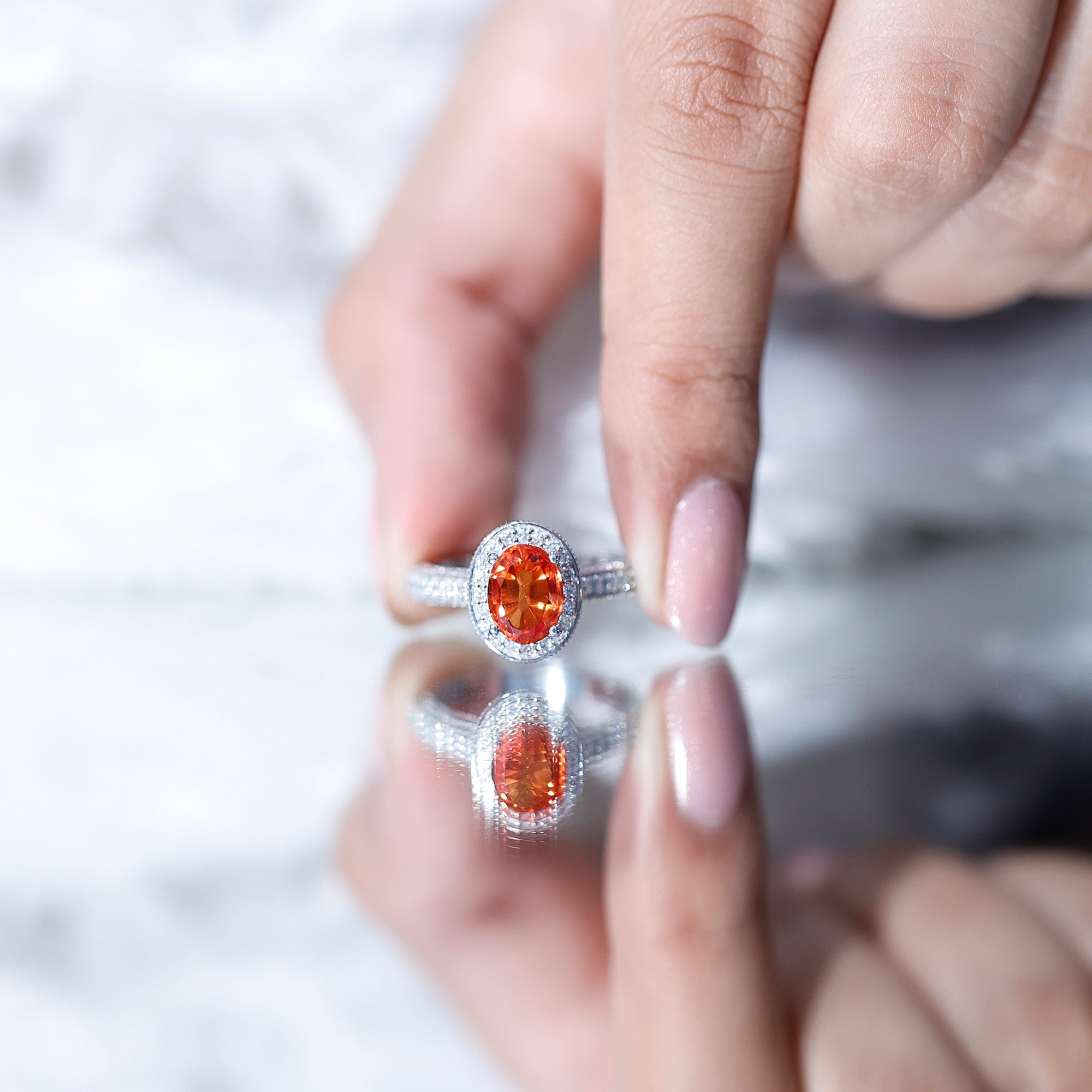 1.5 Carat Lab Grown Orange Sapphire Engagement Ring with Diamond Halo AAAA - Rosec Jewels