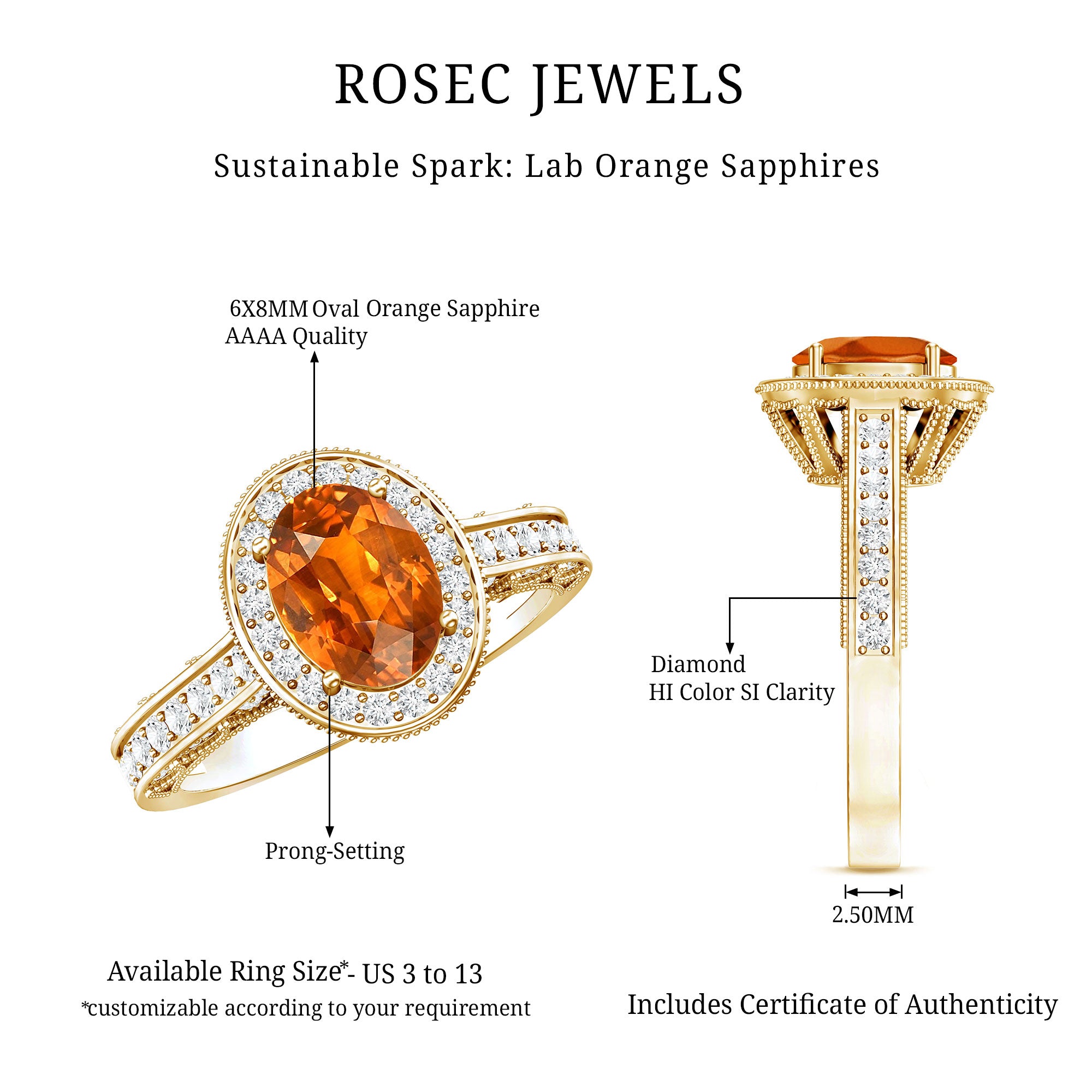 1.5 Carat Lab Grown Orange Sapphire Engagement Ring with Diamond Halo AAAA - Rosec Jewels